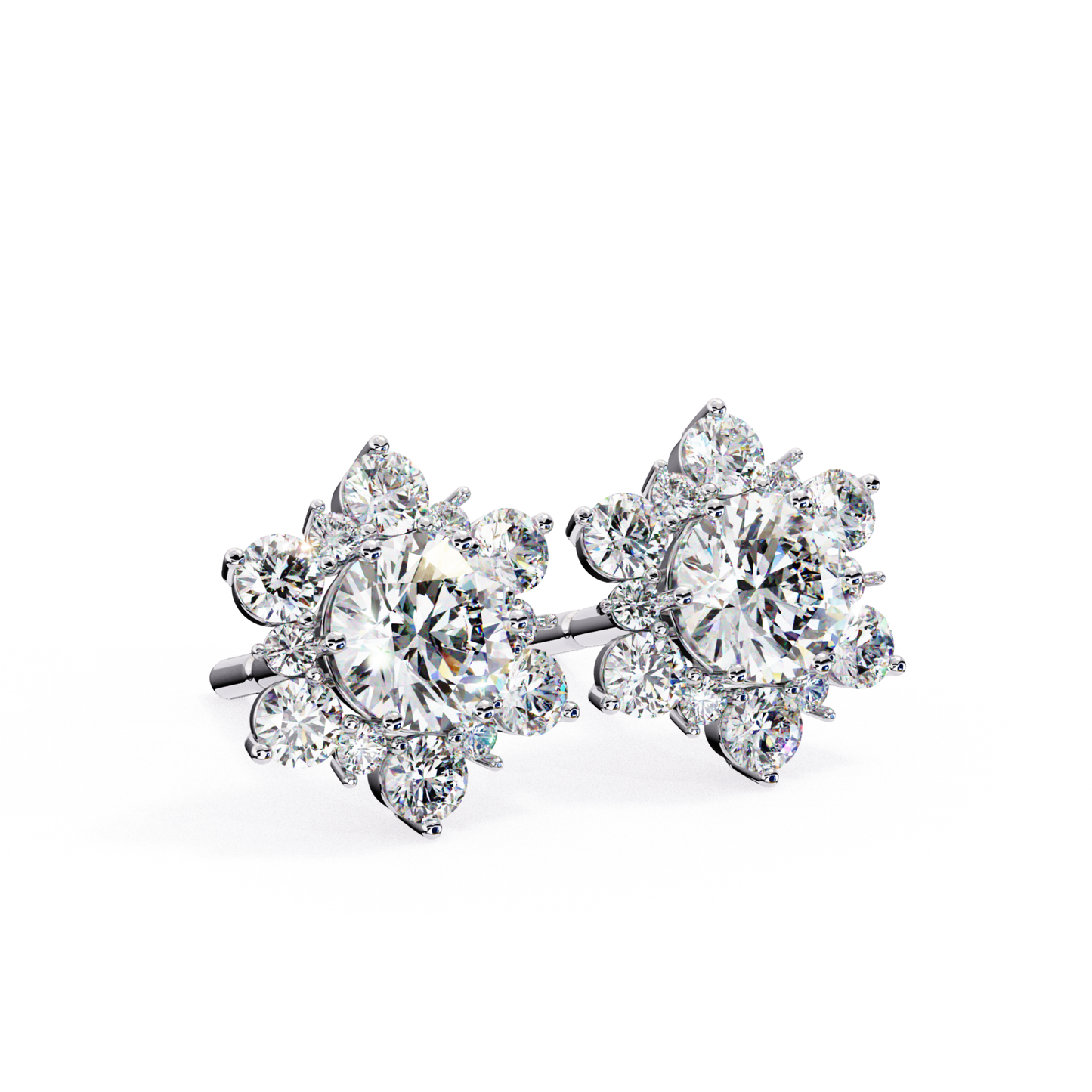 White gold round diamond stud earrings with accent diamonds