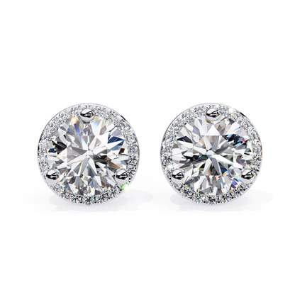 White gold round diamond stud earrings with halo design