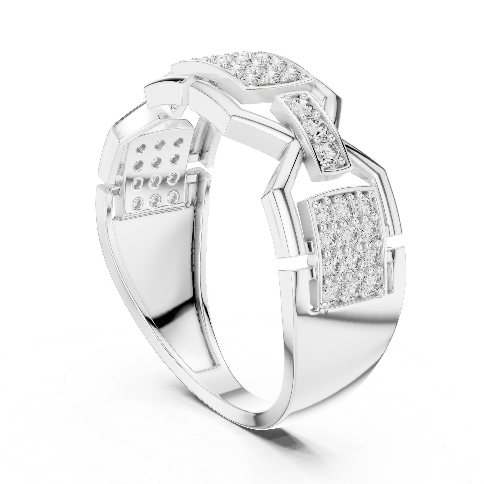 White gold architectural diamond statement ring design
Modern white gold geometric cluster diamond ring
White gold abstract open frame diamond band
Contemporary white gold angular diamond fashion ring
White gold layered geometric diamond band style
Luxury white gold modern statement diamond ring
White gold polished geometric cluster band ring
Bold white gold architectural diamond fashion band
Elegant white gold abstract diamond ring design
White gold open geometric statement ring style