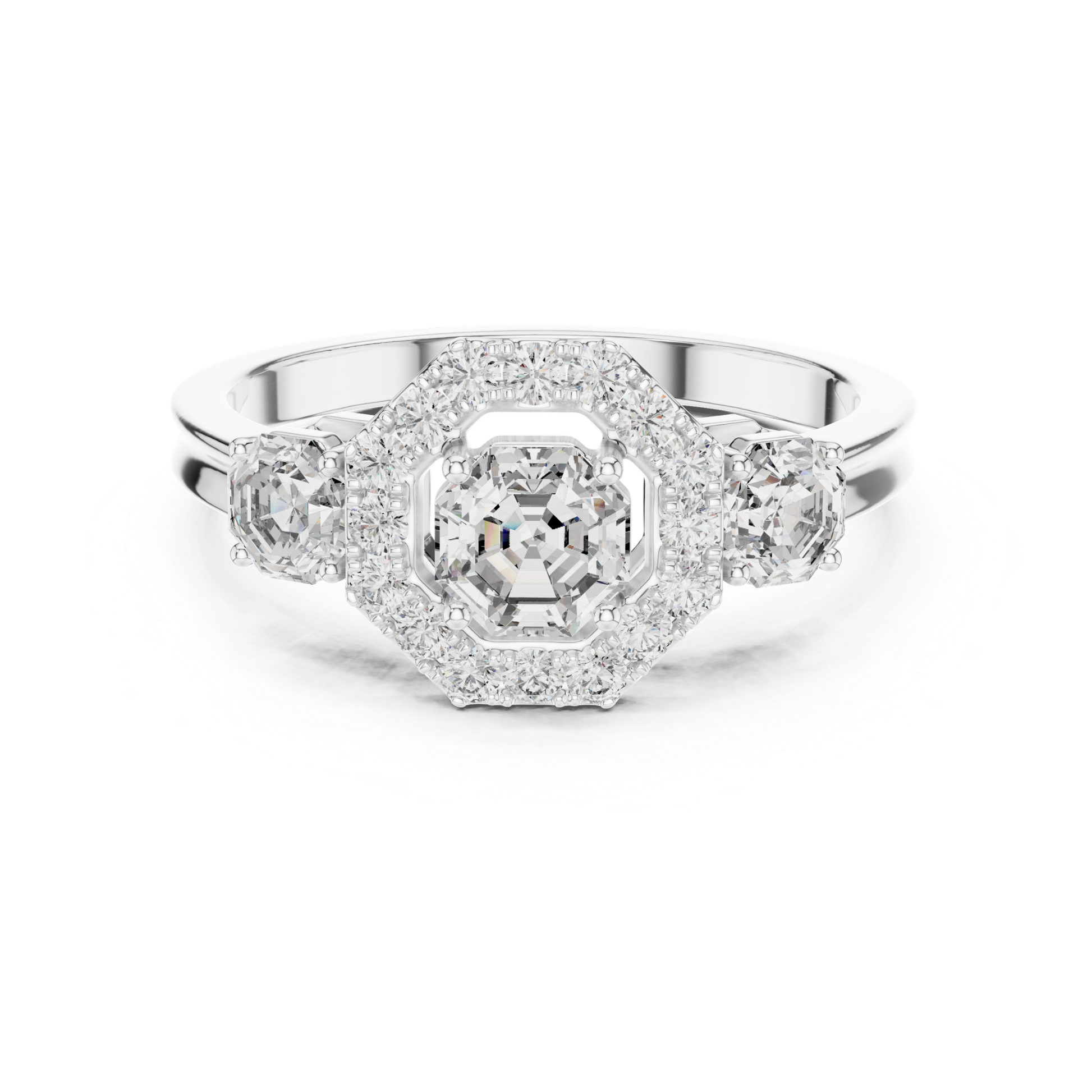 White gold Asscher halo three stone diamond ring
White gold halo ring with Asscher cut diamond
Three stone Asscher diamond ring in white gold
White gold ring with halo center diamond
Asscher cut diamond ring with white gold band
White gold diamond ring with halo setting
Three stone white gold engagement ring design
White gold Asscher diamond ring with side stones
Halo diamond ring with polished white gold band
White gold ring with Asscher center diamond