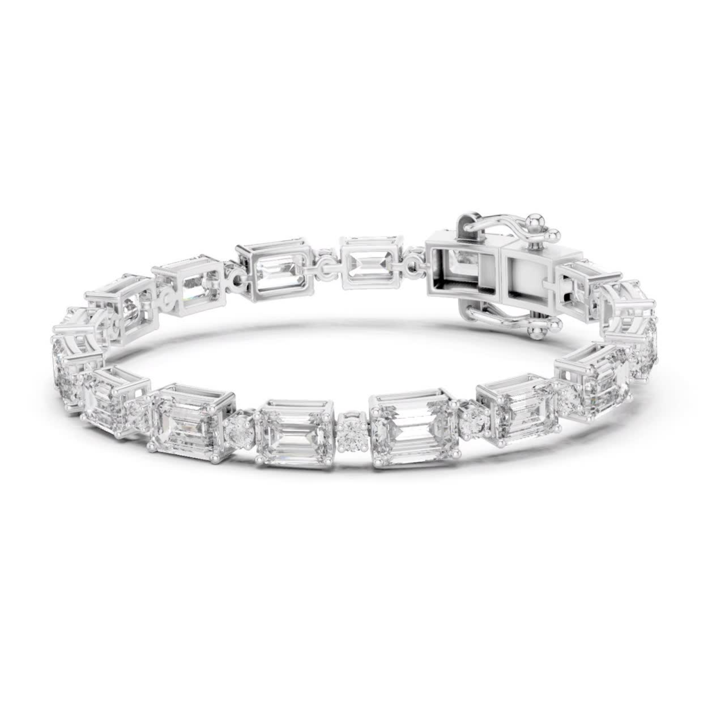 Side view white gold emerald and round diamond bracelet
White gold tennis bracelet with emerald cut diamonds
Emerald and round diamond bracelet profile view
White gold bracelet with mixed shape diamonds
Side angle emerald diamond tennis bracelet
White gold bracelet featuring step cut diamonds
Emerald and round stone bracelet with clasp
Side profile mixed cut diamond bracelet
White gold geometric diamond bracelet side view
Emerald and round diamond bracelet in white gold