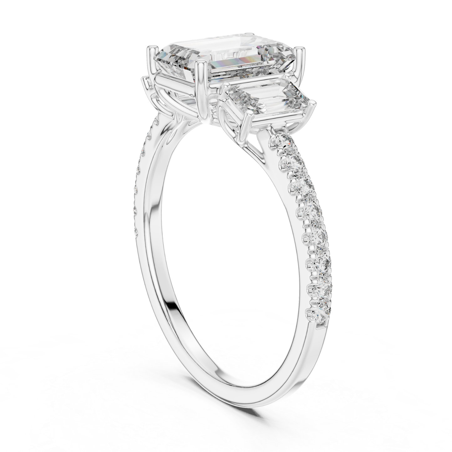 Back view of emerald cut three stone diamond ring
White gold emerald diamond ring rear profile view
Emerald cut diamond ring with side stones back view
White gold three stone diamond ring gallery view
Rear view of emerald cut diamond ring in white gold
White gold emerald diamond ring with pave band back angle
Three stone emerald cut ring side gallery in white gold
White gold diamond ring showing basket setting
Emerald cut diamond engagement ring rear perspective view
White gold ring with emerald cut