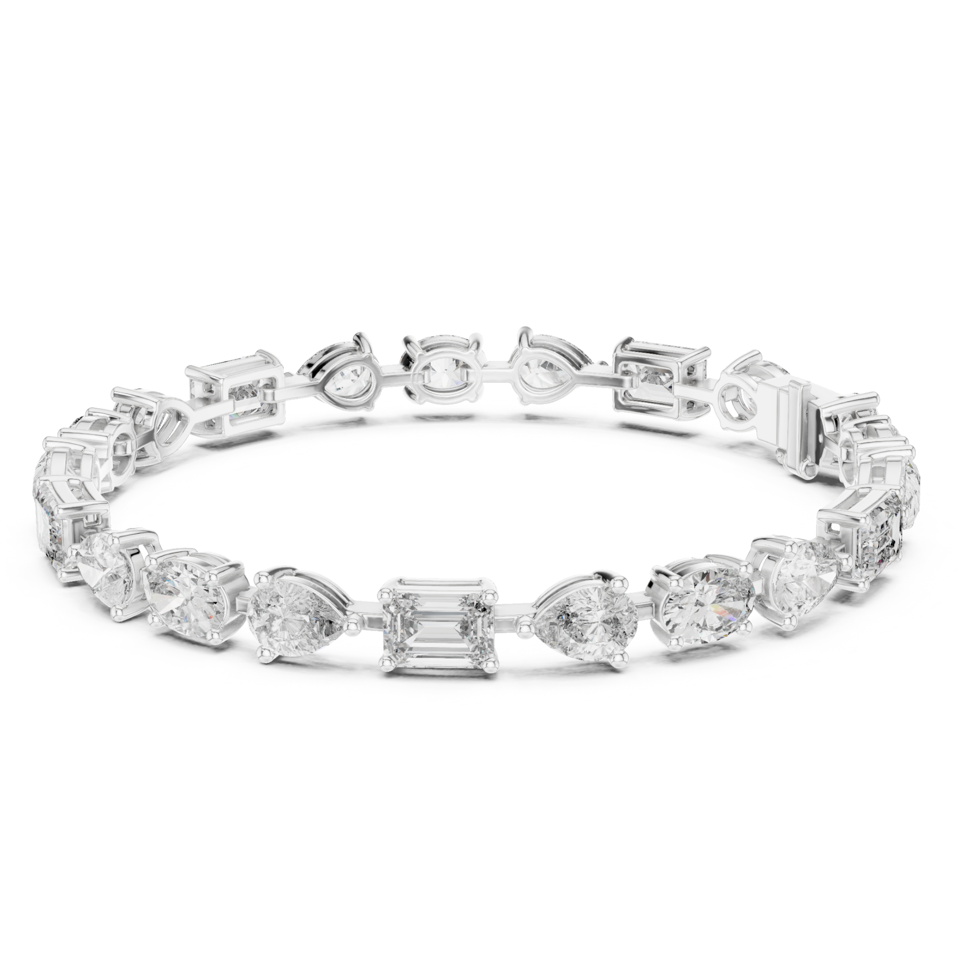 Close view white gold emerald oval pear diamond bracelet
White gold bracelet with pear oval emerald diamonds
Mixed shape diamond bracelet close profile
Emerald oval pear diamond bracelet detail view
White gold multi shape diamond line bracelet
Pear oval emerald diamond bracelet close angle
White gold bracelet with mixed diamond cuts
Detailed view mixed shape tennis bracelet
Emerald oval pear diamond bracelet pattern
White gold designer diamond bracelet close view