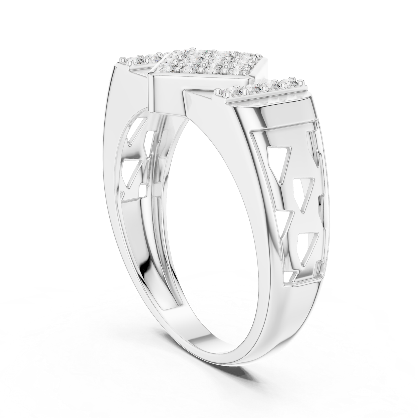 White gold geometric diamond ring rear view
Rear view of diamond cluster ring in white gold
White gold statement ring with open band design
Polished white gold ring with geometric rear profile
Round cut diamond ring with rear white gold band
White gold fashion ring with raised cluster top
Elegant rear view of white gold diamond ring
Modern white gold geometric ring with open profile
Luxury white gold ring with polished rear finish
White gold multi diamond ring with bold rear band