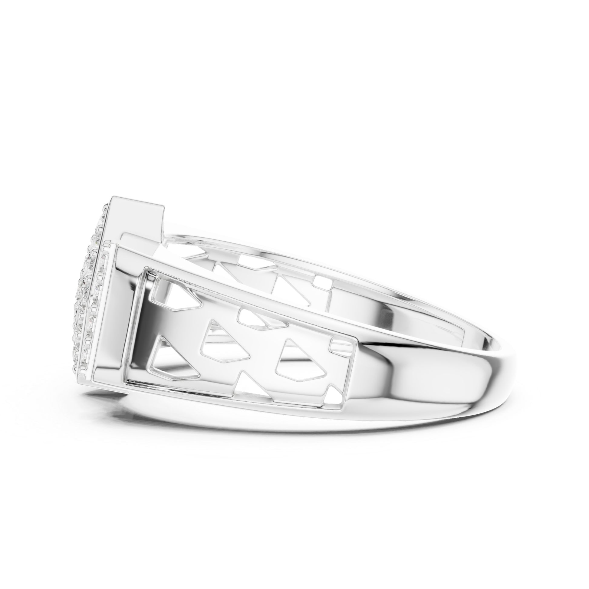 White gold geometric diamond ring side profile
Side profile of diamond cluster ring in white gold
White gold statement ring with open band detail
Polished white gold ring with geometric side design
Round cut diamond ring with polished white gold band
White gold fashion ring with raised cluster side
Elegant side profile of white gold diamond ring
Modern white gold geometric ring with open profile
Luxury white gold ring with polished side finish
White gold multi diamond ring with tapered band