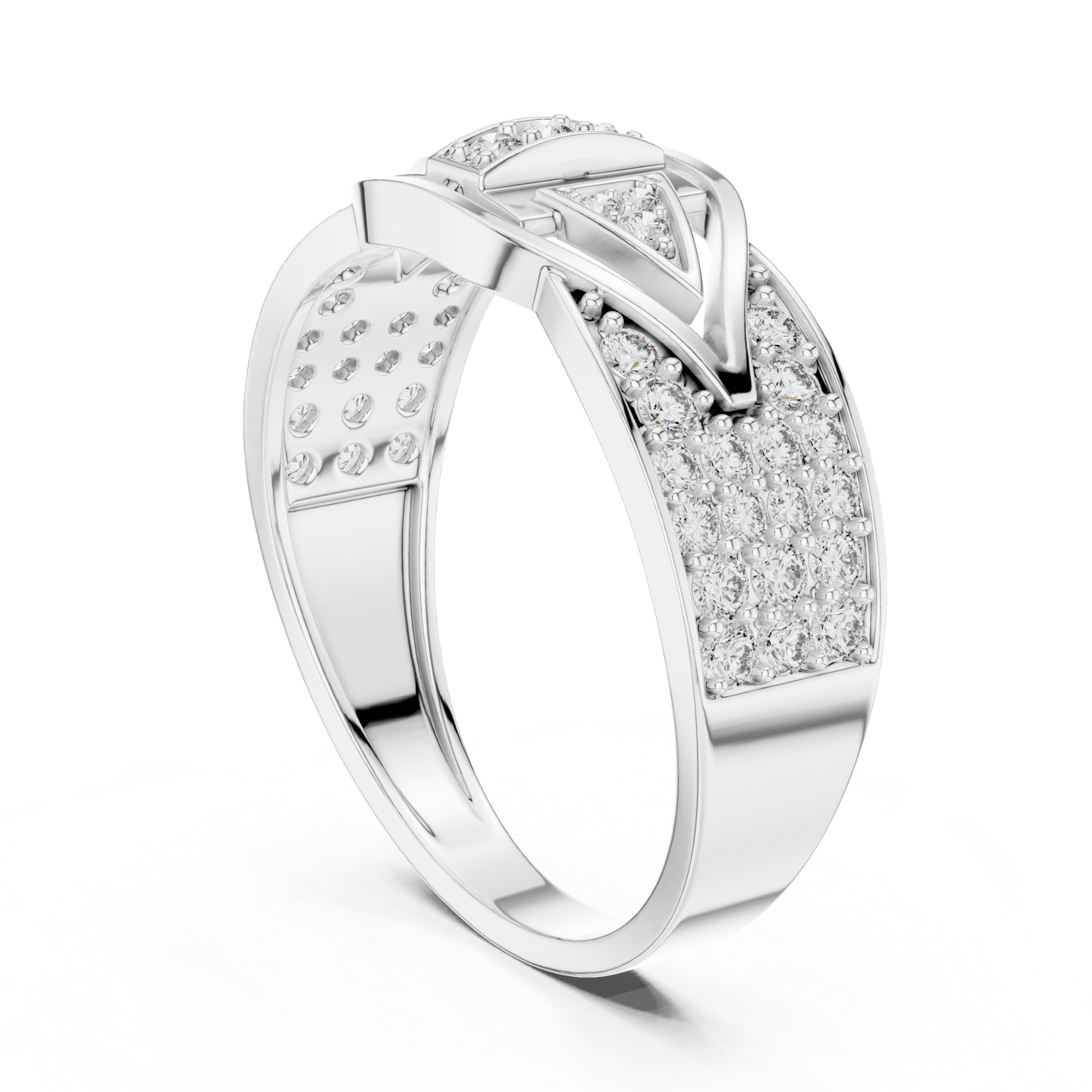 Perspective view white gold geometric diamond ring
White gold round diamond ring angled design
White gold statement diamond ring perspective view
Geometric white gold ring with round diamonds
Modern white gold diamond band angled profile
Round diamond white gold luxury fashion ring
White gold architectural style diamond ring
White gold designer ring with diamond accents
Wide band white gold cluster diamond ring
Angled white gold geometric diamond ring view