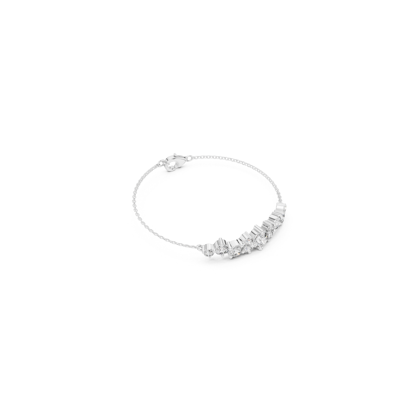 Top view white gold graduated diamond bracelet
White gold chain bracelet with round diamonds
Angled view diamond chain bracelet design
White gold bracelet with graduated stone layout
Round diamond bracelet with fine link chain
White gold diamond bracelet overhead view
Delicate chain bracelet with clustered diamonds
White gold bracelet featuring round brilliant diamonds
Graduated diamond arrangement chain bracelet
White gold diamond bracelet with lobster clasp