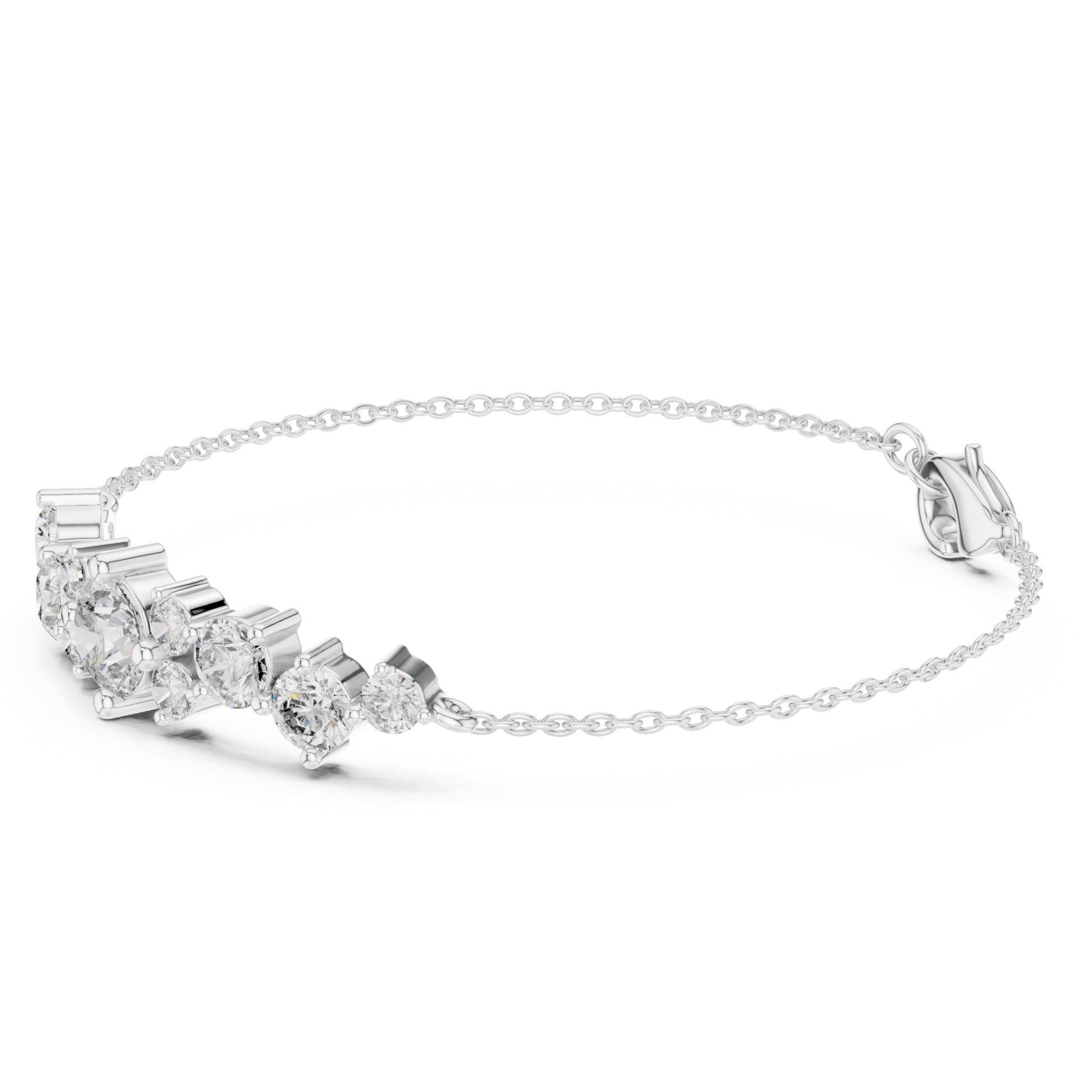 Side angle white gold graduated diamond bracelet
White gold chain bracelet with round diamond cluster
Diamond bracelet with graduated center arrangement
White gold bracelet showing prong set diamonds
Angled profile round diamond chain bracelet
White gold bracelet with cascading round stones
Multi stone diamond chain bracelet side perspective
White gold graduated diamond bracelet profile
Fine chain bracelet with round diamond accents
Side view white gold diamond centerpiece bracelet
