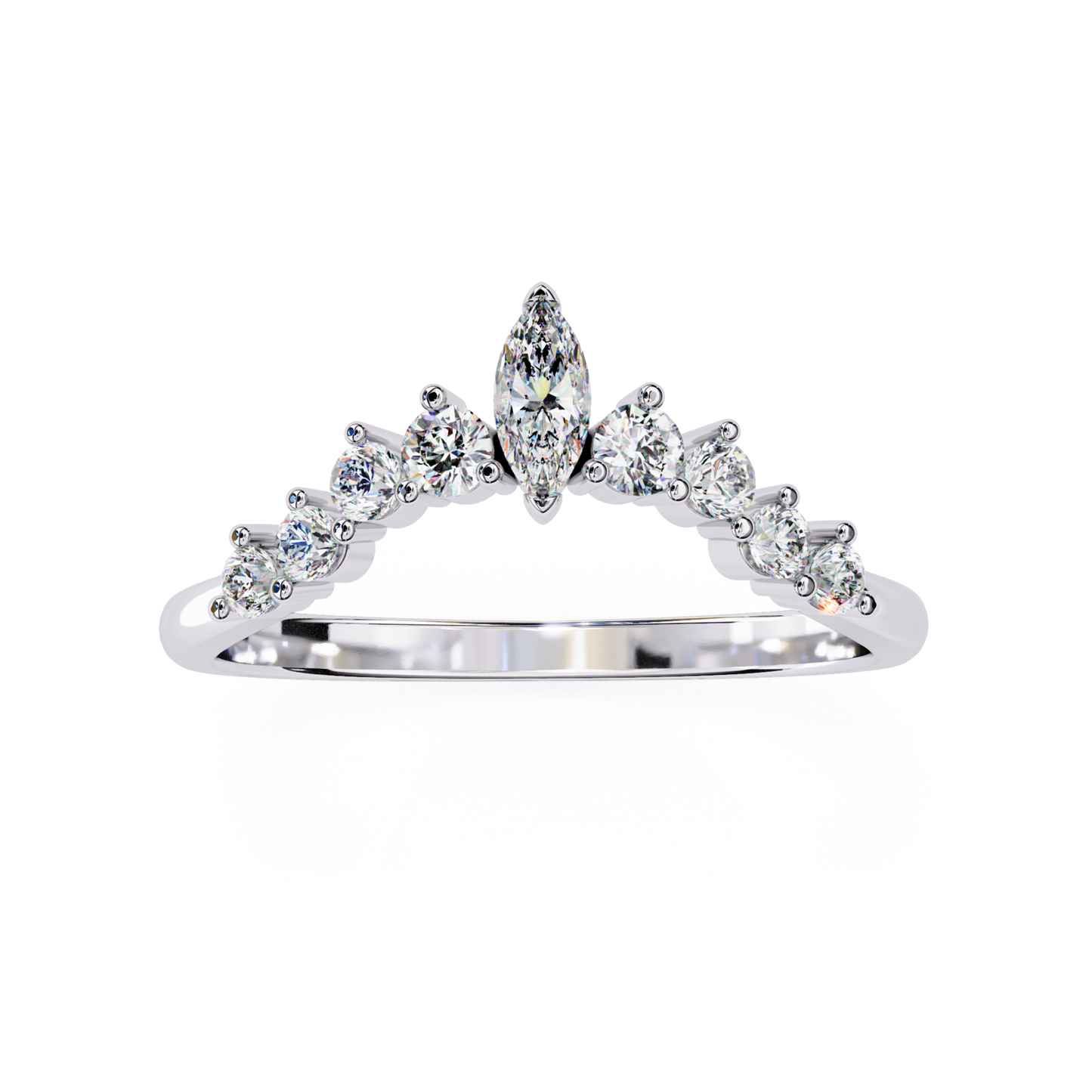 White gold marquise diamond V ring
Marquise center diamond curved band
White gold V shape diamond ring
Marquise diamond with round side stones
Curved diamond band white gold
Marquise diamond ring front view
White gold band with marquise top
V pattern diamond ring view
Marquise diamond raised setting
White gold marquise diamond design
