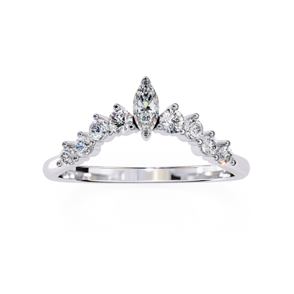 White gold marquise diamond V ring
Marquise center diamond curved band
White gold V shape diamond ring
Marquise diamond with round side stones
Curved diamond band white gold
Marquise diamond ring front view
White gold band with marquise top
V pattern diamond ring view
Marquise diamond raised setting
White gold marquise diamond design