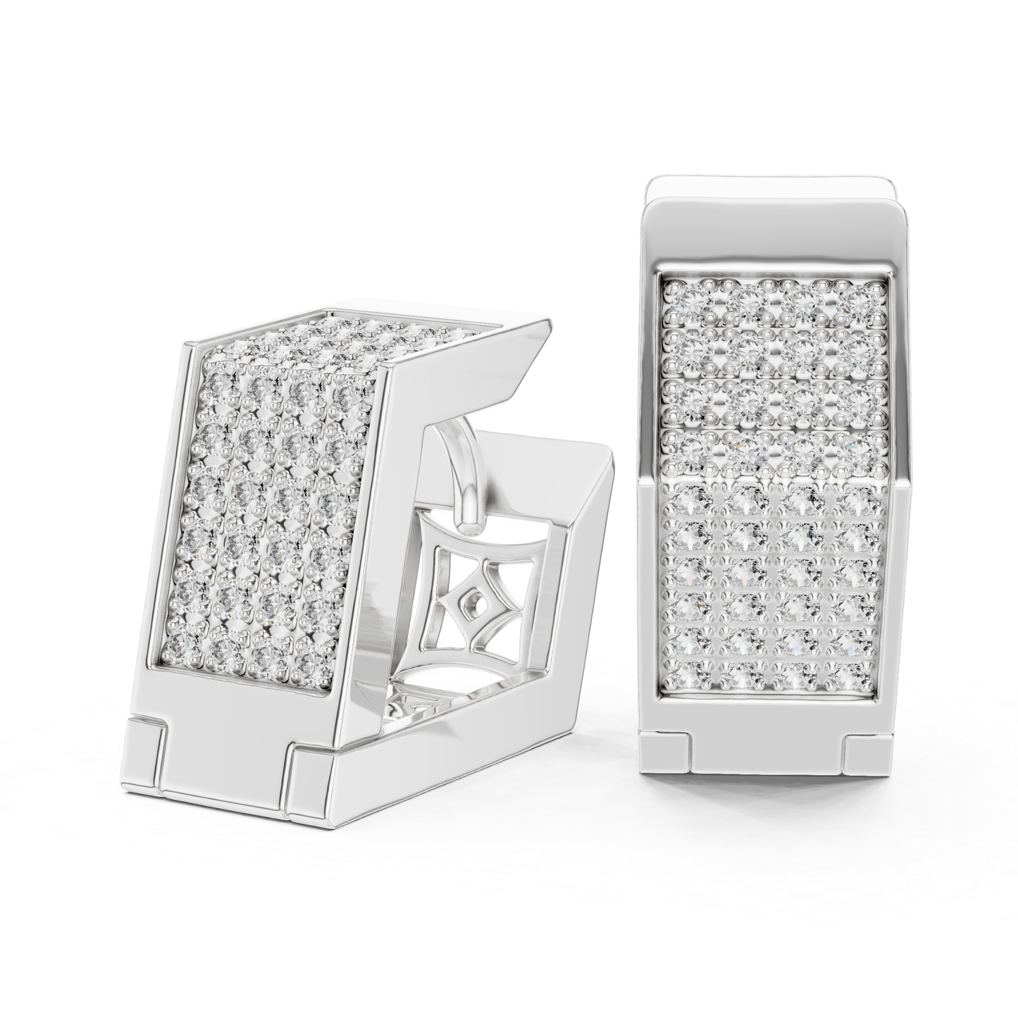 Perspective view white gold Pave diamond hoop earrings
White gold round diamond hoop earrings geometric design
White gold diamond hoop earrings angled perspective
Multi row Pave diamond earrings in white gold
White gold rectangular diamond hoop earrings
Round diamond Pave earrings with open gallery
White gold diamond earrings three quarter view
Geometric hoop earrings with round diamonds in white gold
White gold Pave diamond earrings showcase view
Modern white gold round diamond hoop earrings