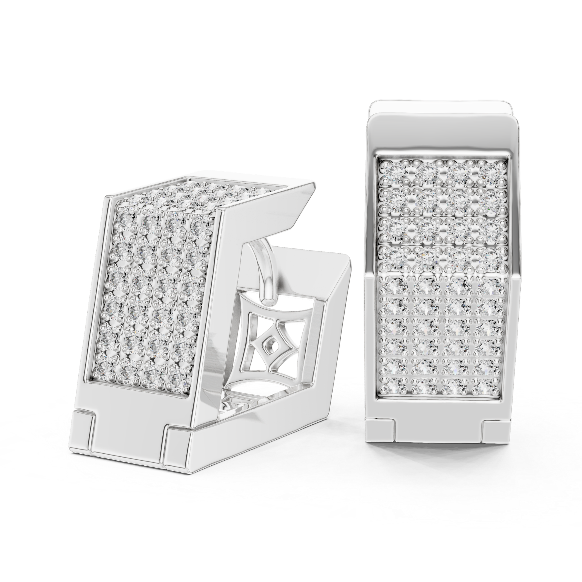 Perspective view white gold Pave diamond hoop earrings
White gold round diamond hoop earrings geometric design
White gold diamond hoop earrings angled perspective
Multi row Pave diamond earrings in white gold
White gold rectangular diamond hoop earrings
Round diamond Pave earrings with open gallery
White gold diamond earrings three quarter view
Geometric hoop earrings with round diamonds in white gold
White gold Pave diamond earrings showcase view
Modern white gold round diamond hoop earrings