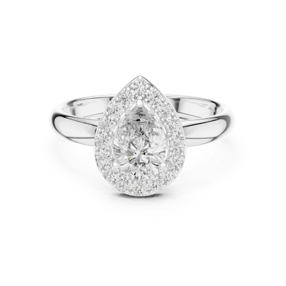 Pear cut diamond halo ring in white gold
White gold ring with pear shaped center diamond
Pear diamond ring surrounded by round diamonds
White gold pear halo engagement ring
Pear shaped diamond ring with halo setting
Polished white gold pear diamond ring
Pear center diamond ring with round halo
White gold ring featuring a pear cut diamond
Classic pear halo ring with diamond accents
Elegant white gold ring with pear halo design