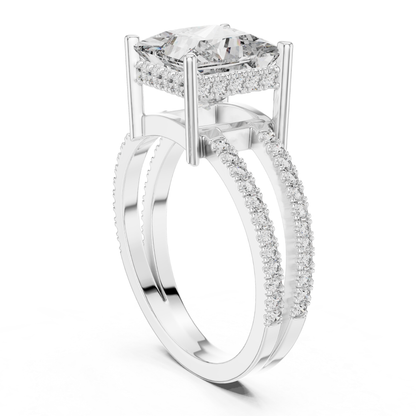White gold princess diamond ring back angle view
Rear perspective of split shank princess diamond ring
White gold ring with elevated princess cut diamond
Elegant double band ring with pave diamond details
Princess cut solitaire ring with open gallery setting
Modern white gold engagement ring rear profile
Fine white gold ring with tall prong structure
Split shank diamond ring with pave side bands
White gold statement ring with princess center stone
Back angled view of princess diamond split band ring