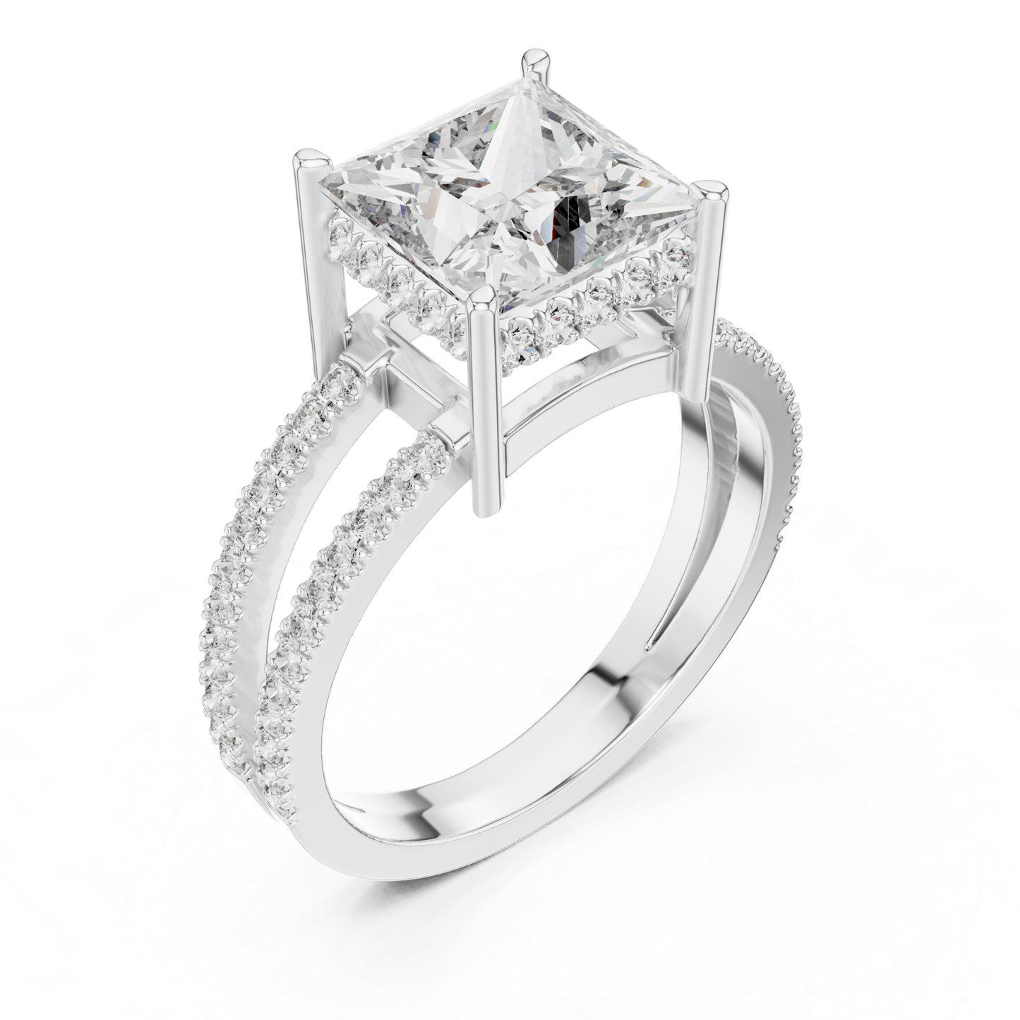 White gold princess diamond ring
Split shank white gold ring with princess cut solitaire
Large princess diamond ring with pave split band
White gold engagement ring with elevated diamond setting
Elegant princess cut diamond ring with double shank
Modern white gold statement ring with pave accents
Fine white gold ring with four prong princess diamond setting
Princess cut diamond ring with open gallery structure
Angled view of white gold split shank diamond ring
White gold solitaire ring with pave diamond