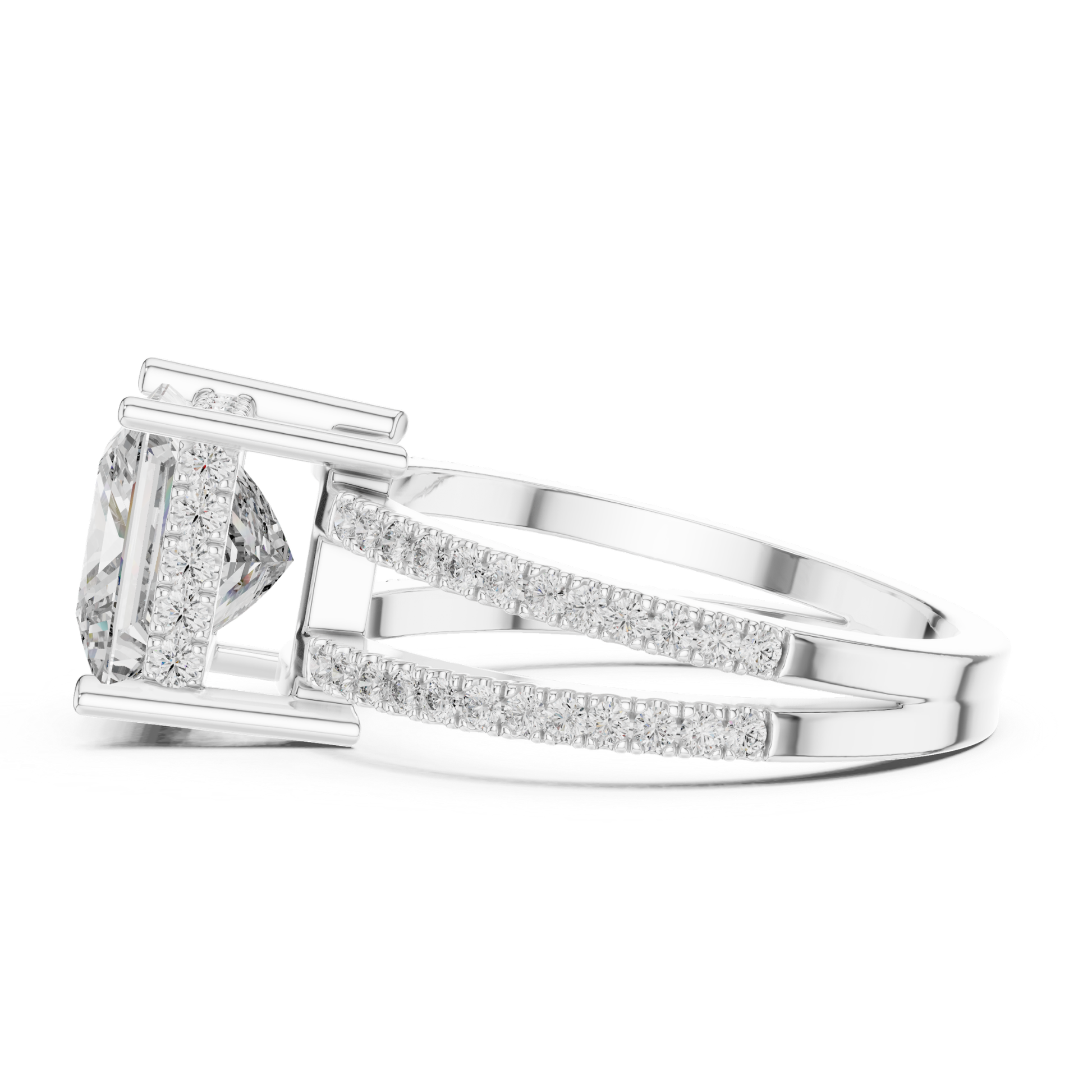 White gold princess diamond ring profile side view
Side profile of split shank princess diamond ring
White gold ring with princess cut center diamond
Elegant split shank ring with pave diamond bands
Princess diamond solitaire ring with open gallery
Modern white gold engagement ring profile angle
Fine white gold ring with elevated princess setting
Double band princess diamond ring side profile
White gold statement ring with pave details
Princess cut diamond ring with slim split shank