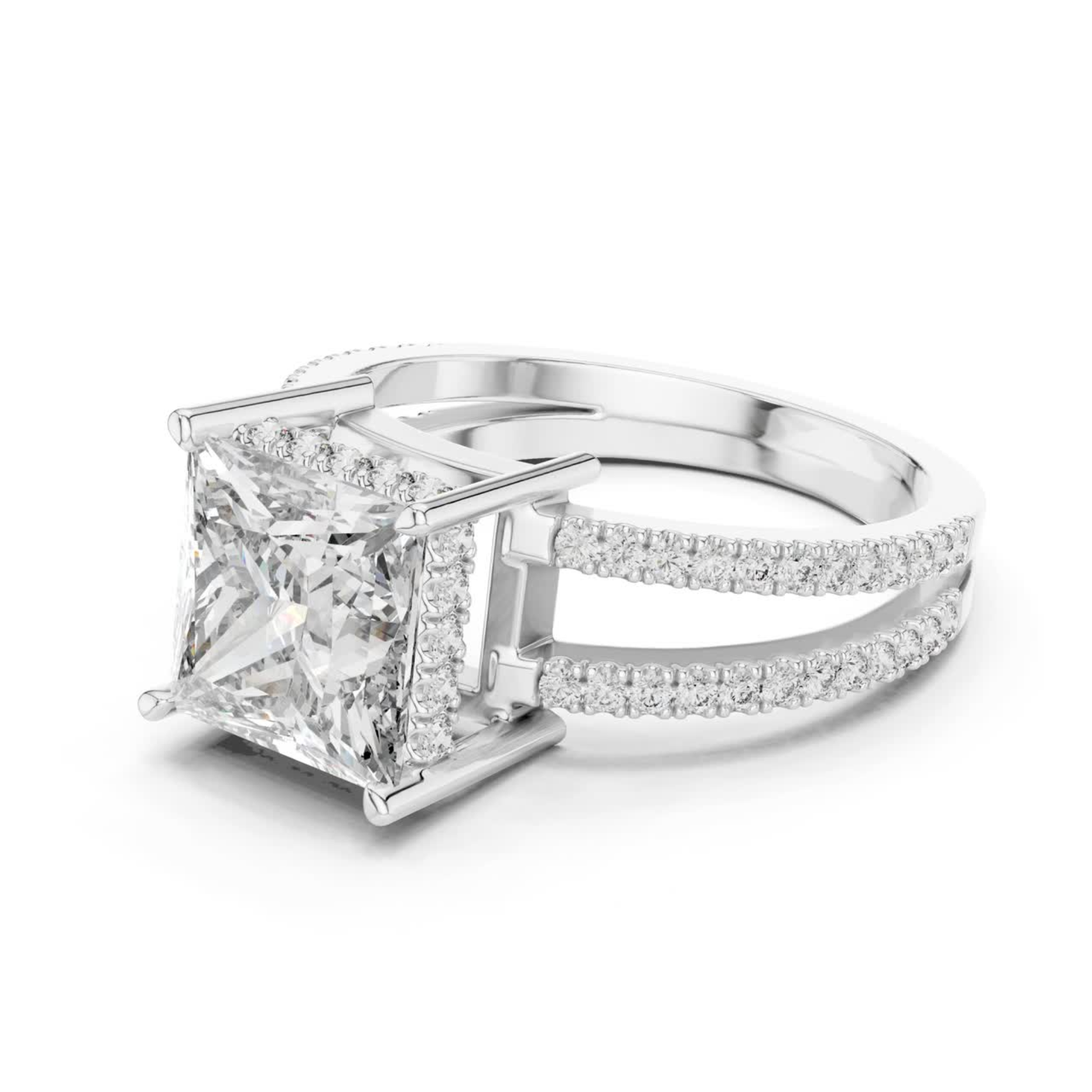 White gold princess diamond ring side angle view
Split shank white gold ring with princess cut diamond
Large princess cut diamond ring with pave band detail
White gold engagement ring with double split shank
Side view of princess diamond solitaire ring in white gold
Elegant white gold ring with pave accent diamond
Modern split band ring with elevated princess diamond
Fine white gold ring with four prong princess setting
Princess cut diamond ring with open gallery design
White gold ring with split pave shank