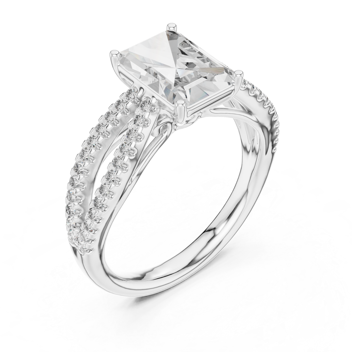 Angled side view radiant cut diamond ring in white gold
White gold radiant diamond ring with split pave shank
Radiant cut diamond ring angled side profile
White gold radiant center stone ring with pave band
Side angle radiant diamond bridal ring in white gold
White gold radiant diamond ring with double split shank
Elegant radiant cut ring with pave diamond detailing
Angled profile radiant diamond ring with polished white gold band
Luxury white gold radiant cut diamond ring
White gold radiant diamond ring