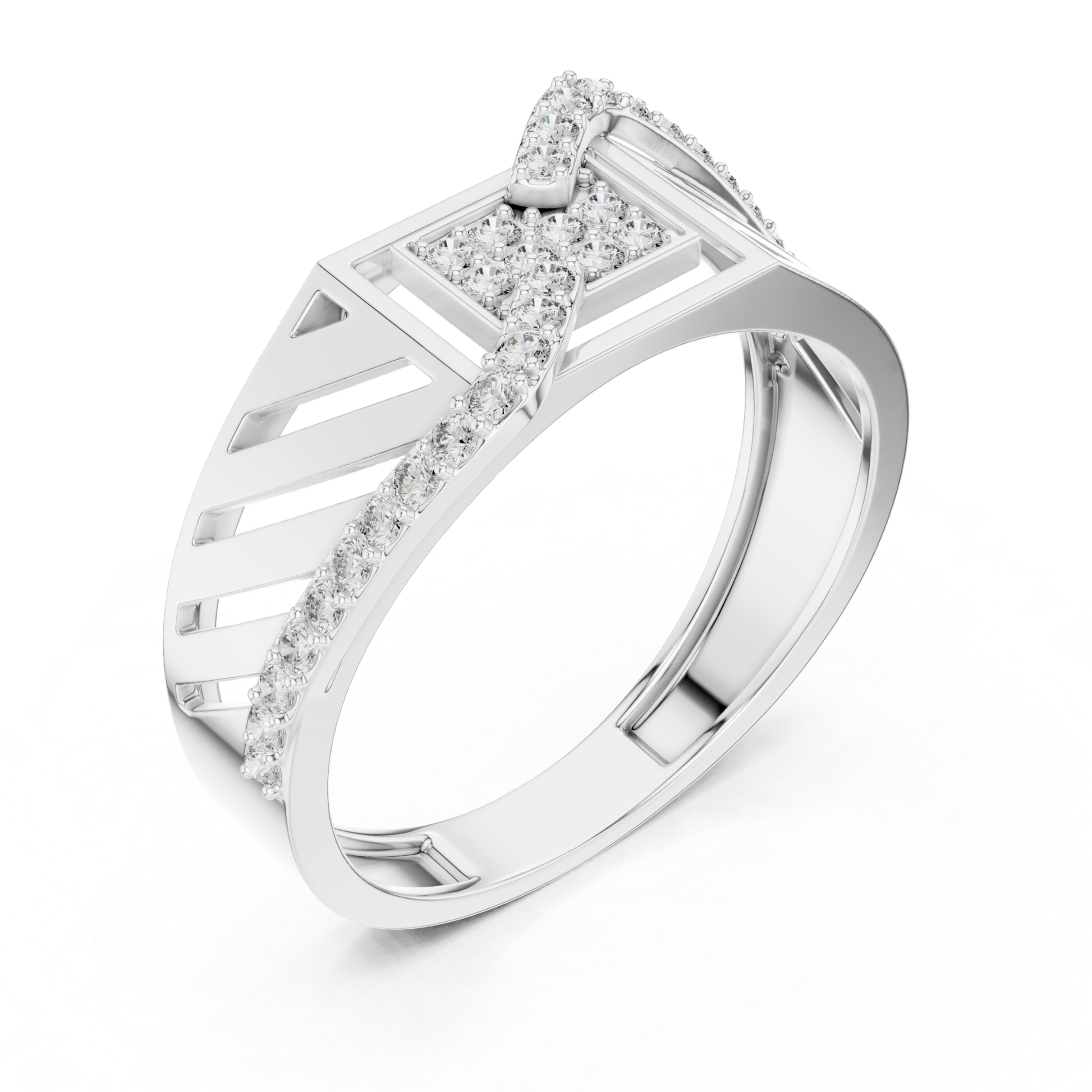 Perspective view white gold Roman style diamond ring
White gold geometric diamond ring angled profile
Roman numeral white gold diamond fashion ring
White gold statement band with round diamonds
Wide band white gold diamond ring perspective
Modern white gold architectural style ring
White gold luxury ring with diamond accents
Contemporary white gold round diamond ring
White gold designer geometric diamond band
Angled white gold Roman style diamond ring