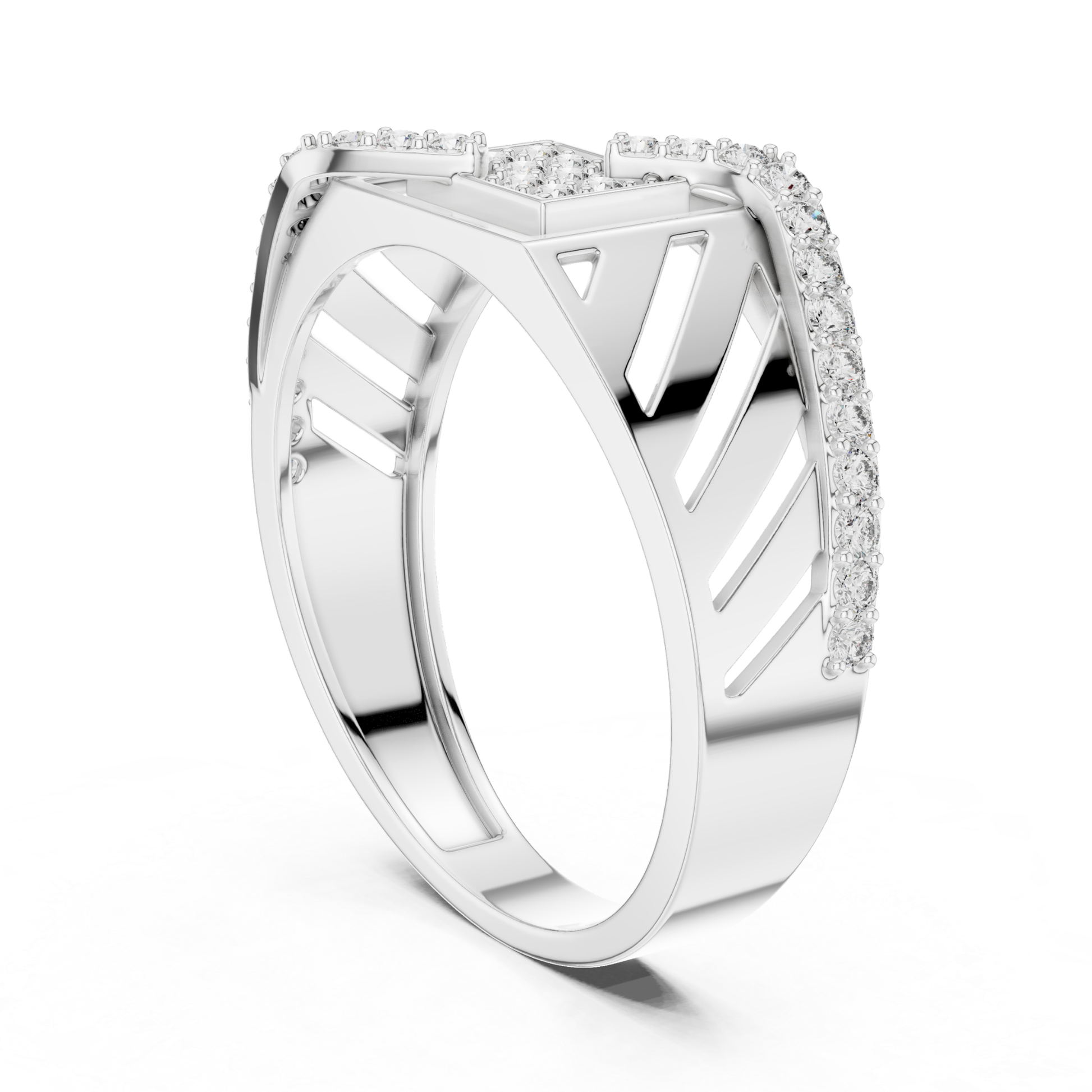 White gold Roman style diamond ring side profile
Side profile white gold geometric diamond ring
Roman numeral white gold diamond band view
White gold statement ring with round diamonds
Wide band white gold diamond ring profile
Modern white gold architectural style ring
White gold luxury diamond ring side angle
Contemporary white gold fashion band ring
White gold designer ring with diamond accents
Geometric white gold diamond ring perspective view