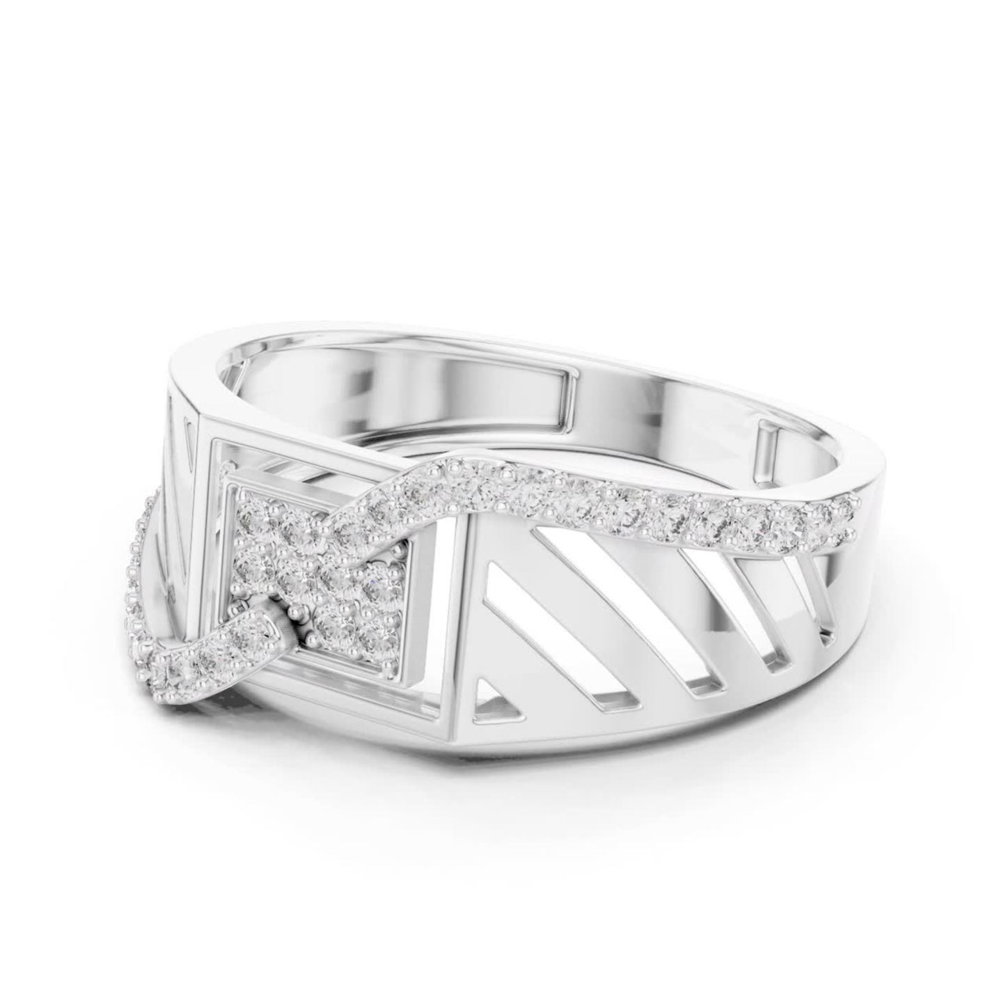 Side view white gold Roman style diamond ring
White gold geometric diamond ring angled profile
Roman numeral white gold diamond band ring
White gold statement ring with round diamonds
Wide band white gold diamond ring side angle
Modern white gold architectural diamond ring
White gold luxury diamond ring perspective view
Round diamond white gold fashion band ring
White gold designer ring side profile
Contemporary white gold diamond ring side view