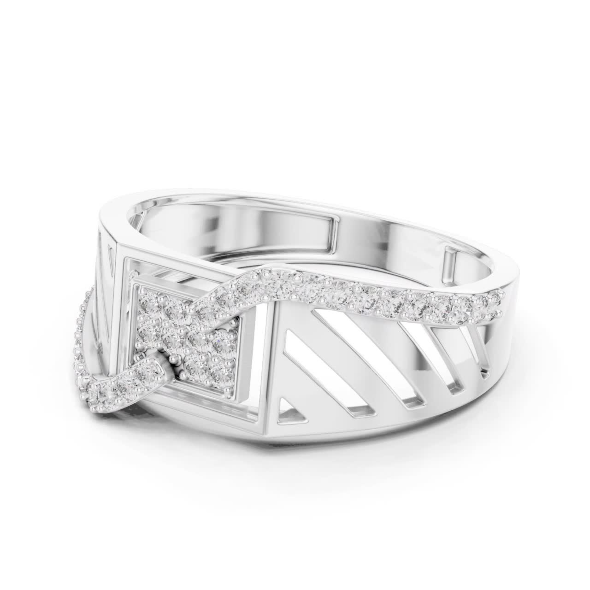 Side view white gold Roman style diamond ring
White gold geometric diamond ring angled profile
Roman numeral white gold diamond band ring
White gold statement ring with round diamonds
Wide band white gold diamond ring side angle
Modern white gold architectural diamond ring
White gold luxury diamond ring perspective view
Round diamond white gold fashion band ring
White gold designer ring side profile
Contemporary white gold diamond ring side view