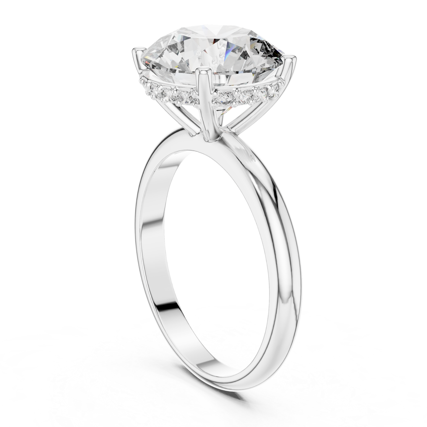 White gold round brilliant solitaire ring rear angle view
Rear angle of round brilliant diamond ring
White gold four prong solitaire ring profile
Round brilliant diamond ring with hidden halo
White gold hidden halo diamond ring
Lab grown round brilliant solitaire ring
White gold ring with hidden halo setting
Rear profile of round brilliant diamond ring
White gold polished solitaire ring
Four prong round brilliant engagement ring