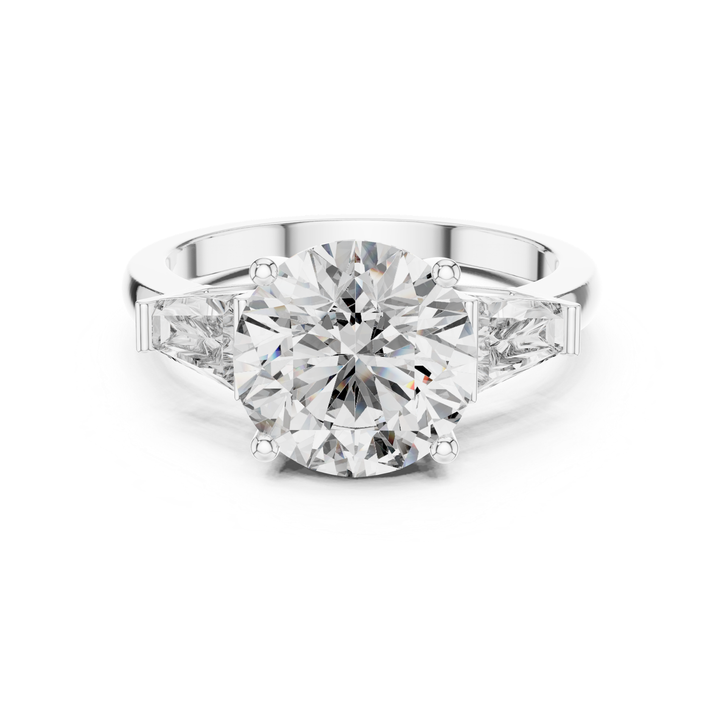 White gold round brilliant three stone ring
Round brilliant diamond ring with trapezoid side stones
White gold three stone engagement ring
Round brilliant diamond ring in white gold
White gold ring with tapered side diamonds
Lab grown round brilliant three stone ring
White gold round center diamond ring
Three stone diamond ring with polished band
Round brilliant diamond ring with side stones
Classic three stone diamond ring
