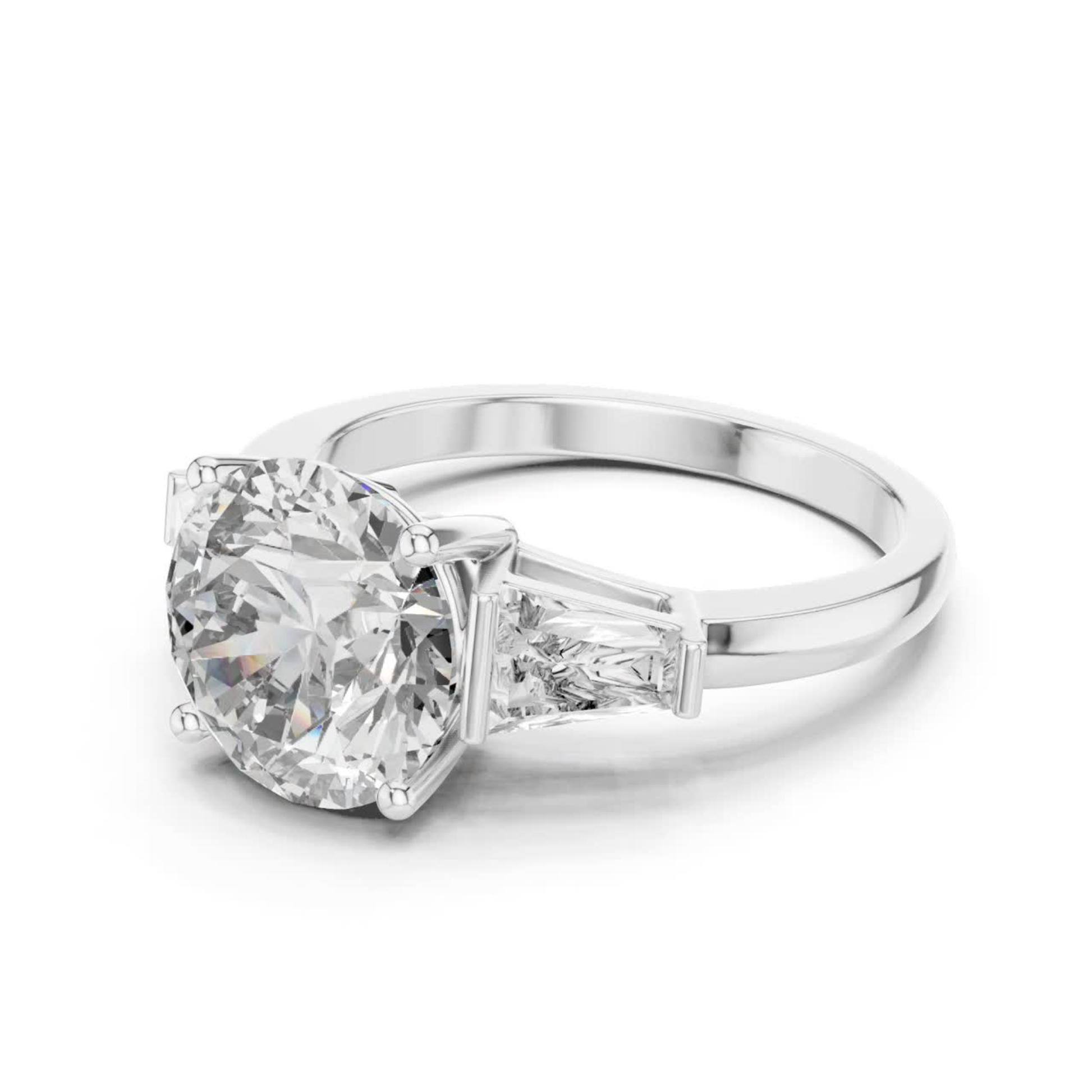 White gold round brilliant three stone ring angled view
Round brilliant diamond ring with trapezoid side stones
White gold three stone diamond engagement ring
Angled view of round brilliant three stone ring
White gold ring with tapered side diamonds
Lab grown round brilliant three stone ring
White gold round center diamond ring
Three stone diamond ring with polished band
Round brilliant diamond ring with side stones
Classic three stone engagement ring
