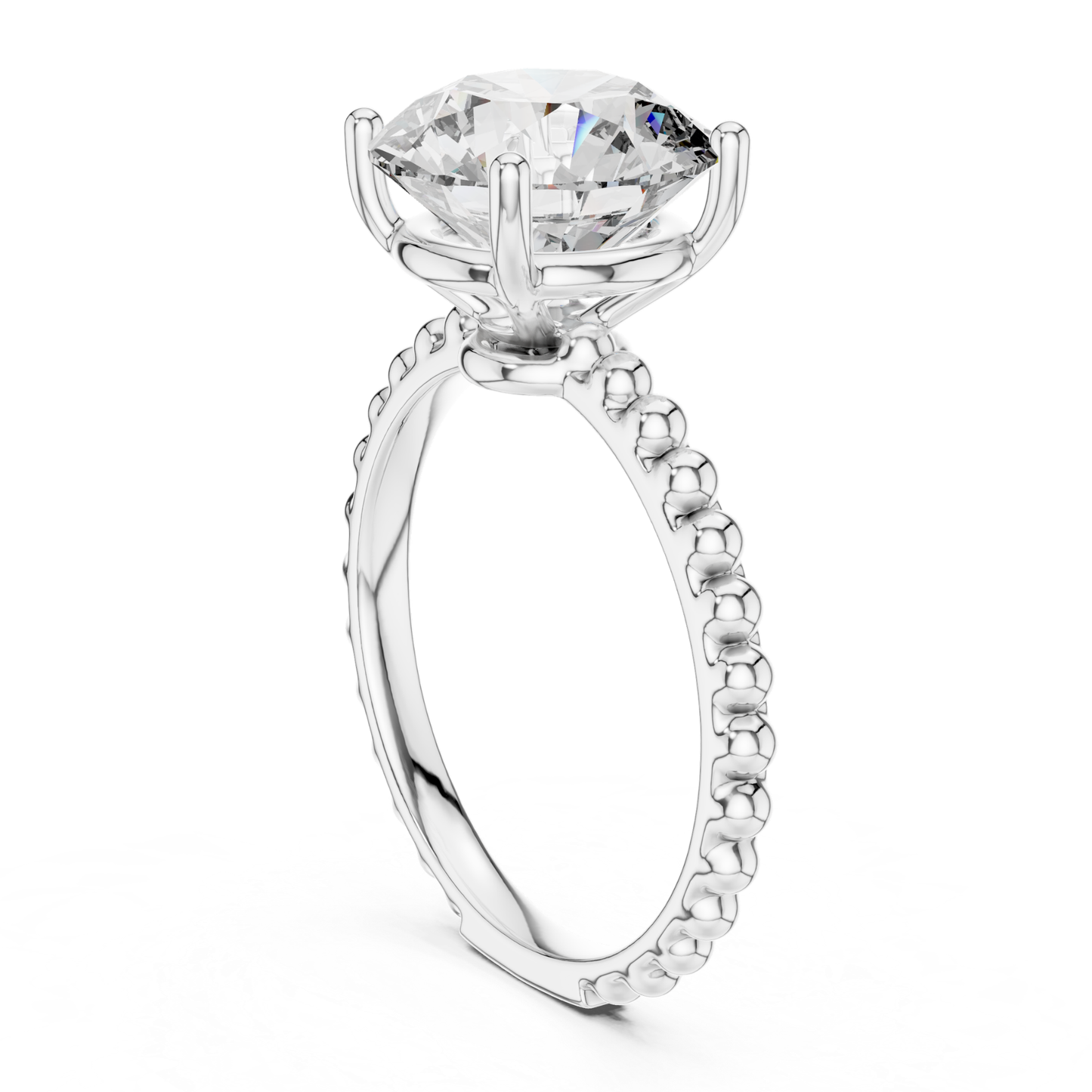 White gold round cut diamond beaded band profile view
Side profile of white gold solitaire diamond ring
White gold ring with round diamond basket setting
Four prong round diamond ring side profile
Beaded band white gold engagement ring profile
Raised round diamond white gold ring view
Round solitaire ring with beaded white gold shank
White gold prong set round diamond ring
Round diamond ring with beaded band profile
White gold solitaire ring with open basket setting