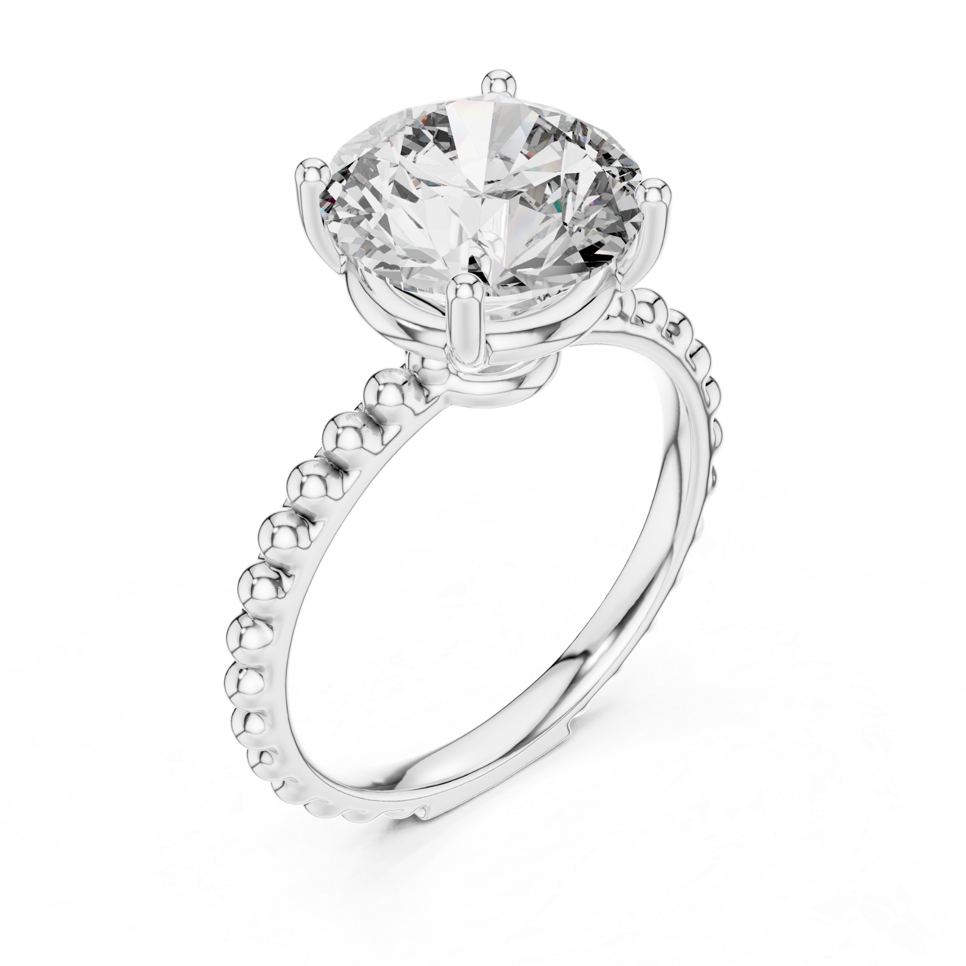 White gold round cut diamond beaded band angled view
White gold solitaire ring with raised diamond setting
Round diamond beaded band engagement ring
Four prong round diamond white gold ring
White gold ring with beaded shank detail
Angled view of round solitaire diamond ring
Polished white gold round diamond ring
Round brilliant diamond ring with beaded band
White gold prong set solitaire ring
Beaded band round diamond white gold engagement ring