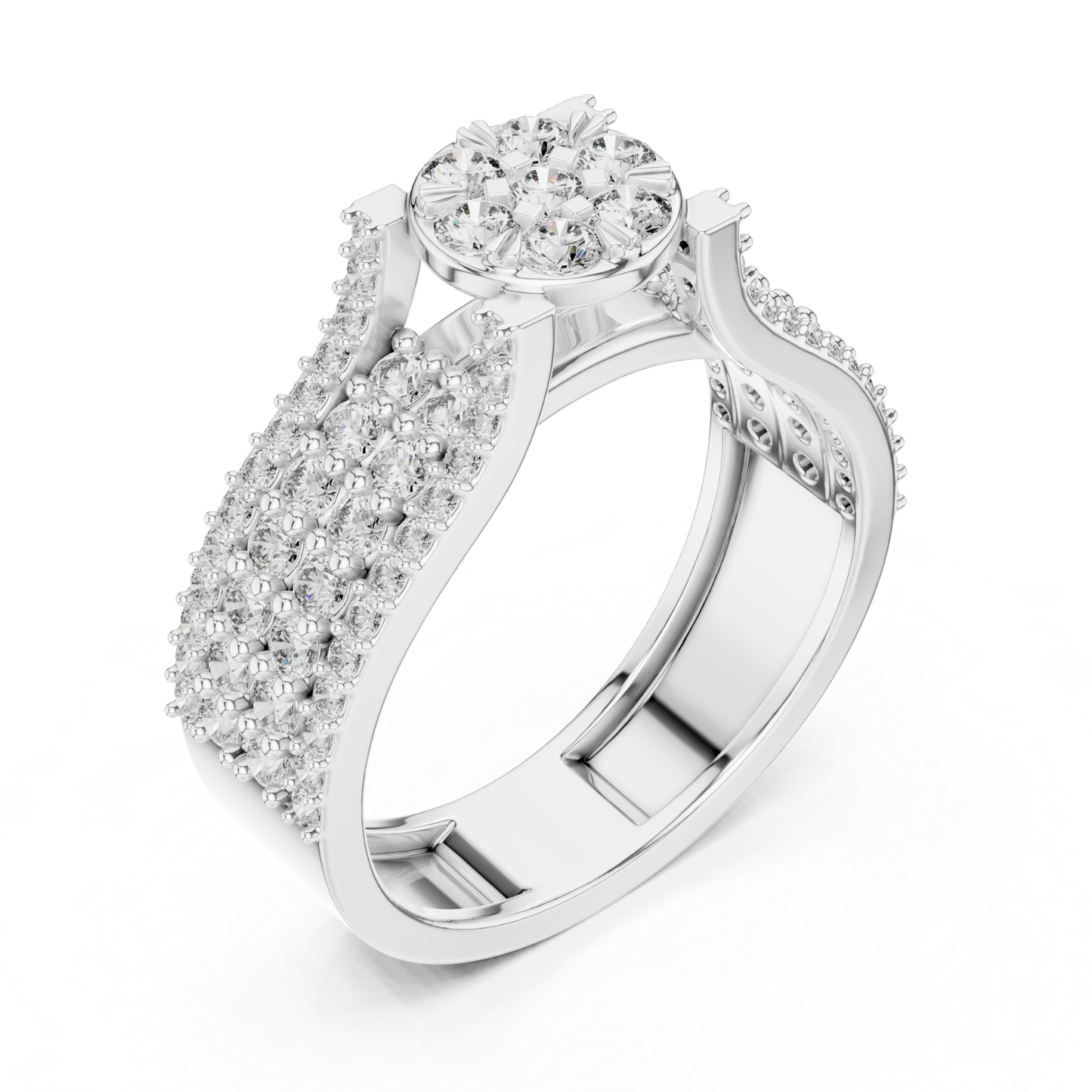 Angled view of round diamond cluster ring
White gold diamond cluster ring with wide pave band
Floral diamond statement ring in white gold
Round diamond flower cluster ring angled profile
White gold ring with round diamond
Multi diamond cluster ring with pave detailing in white gold
White gold floral diamond ring with wide band
Pave diamond band with round cluster center perspective angle
Classic round diamond cluster ring in white gold
White gold diamond flower ring with layered pave design