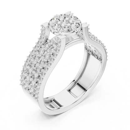 Angled view of round diamond cluster ring
White gold diamond cluster ring with wide pave band
Floral diamond statement ring in white gold
Round diamond flower cluster ring angled profile
White gold ring with round diamond
Multi diamond cluster ring with pave detailing in white gold
White gold floral diamond ring with wide band
Pave diamond band with round cluster center perspective angle
Classic round diamond cluster ring in white gold
White gold diamond flower ring with layered pave design