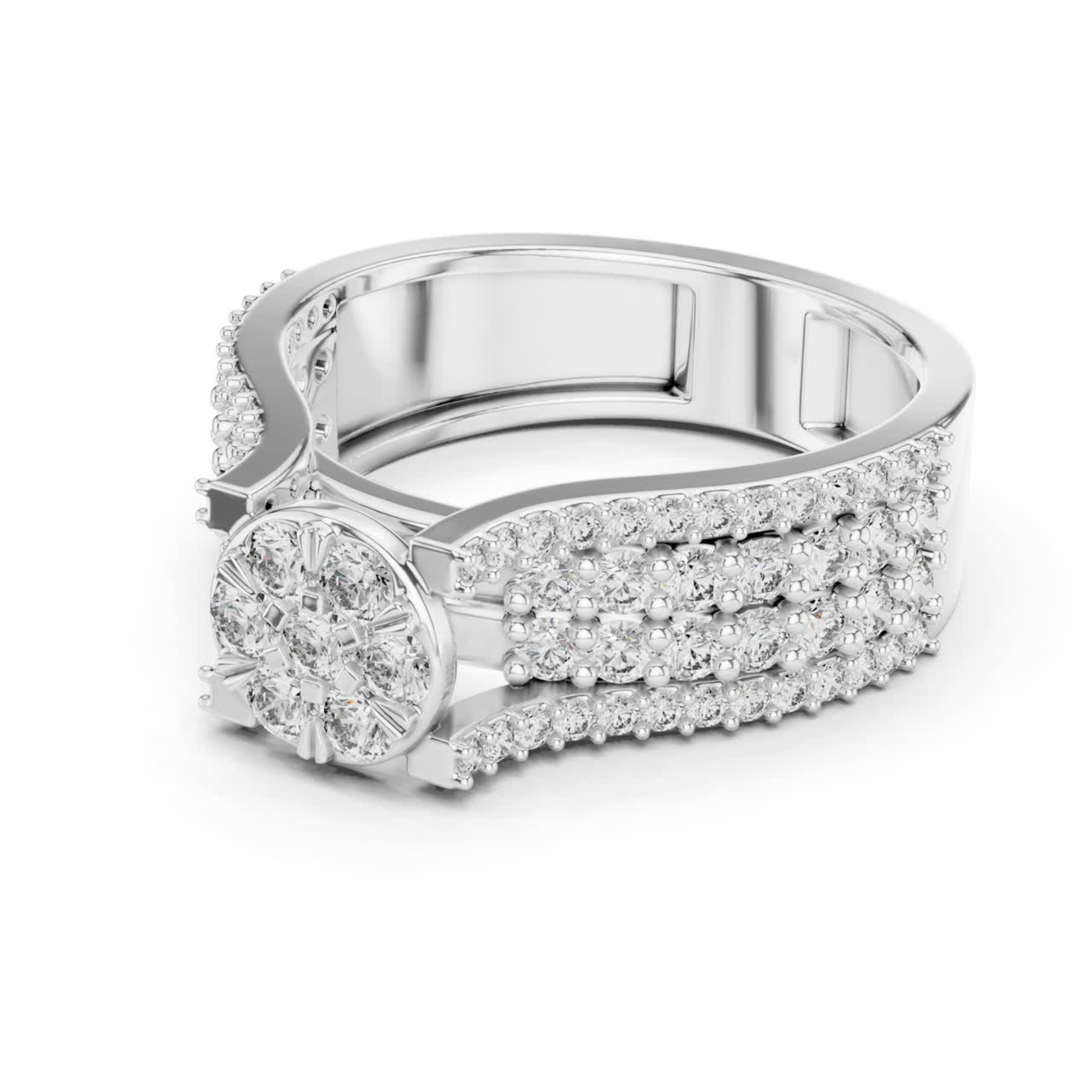 Side view of round diamond cluster ring in white gold
White gold diamond cluster ring with wide pave band
Floral diamond ring side profile in white gold
Round diamond flower cluster ring side angle
White gold ring with round diamond cluster side view
Multi diamond cluster ring with pave detailing side view
White gold floral diamond statement ring profile
Pave diamond band with round cluster center side angle
Classic round diamond cluster ring in white gold side view
White gold diamond flower ring 
