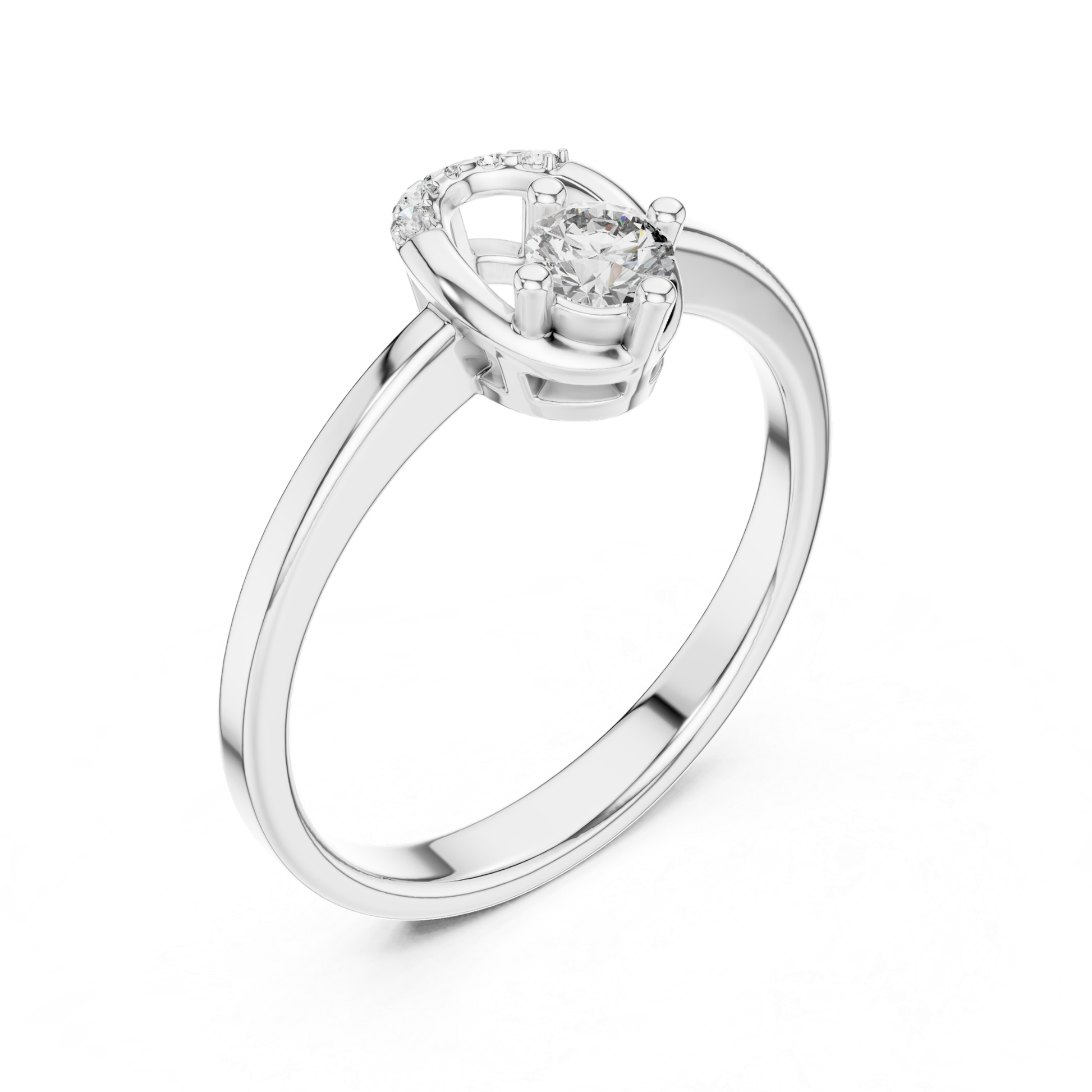 White gold round diamond ring 
Solitaire diamond ring with curved halo detail in white gold
Elegant white gold ring with round cut center diamond
Angled view of white gold engagement style ring
Minimal white gold diamond ring with open gallery setting
Round diamond ring with polished white gold band
Fine white gold solitaire ring with accent diamond
Modern white gold ring with elevated diamond mount
Delicate round diamond ring with slim white shank
White gold diamond ring with prong set center stone