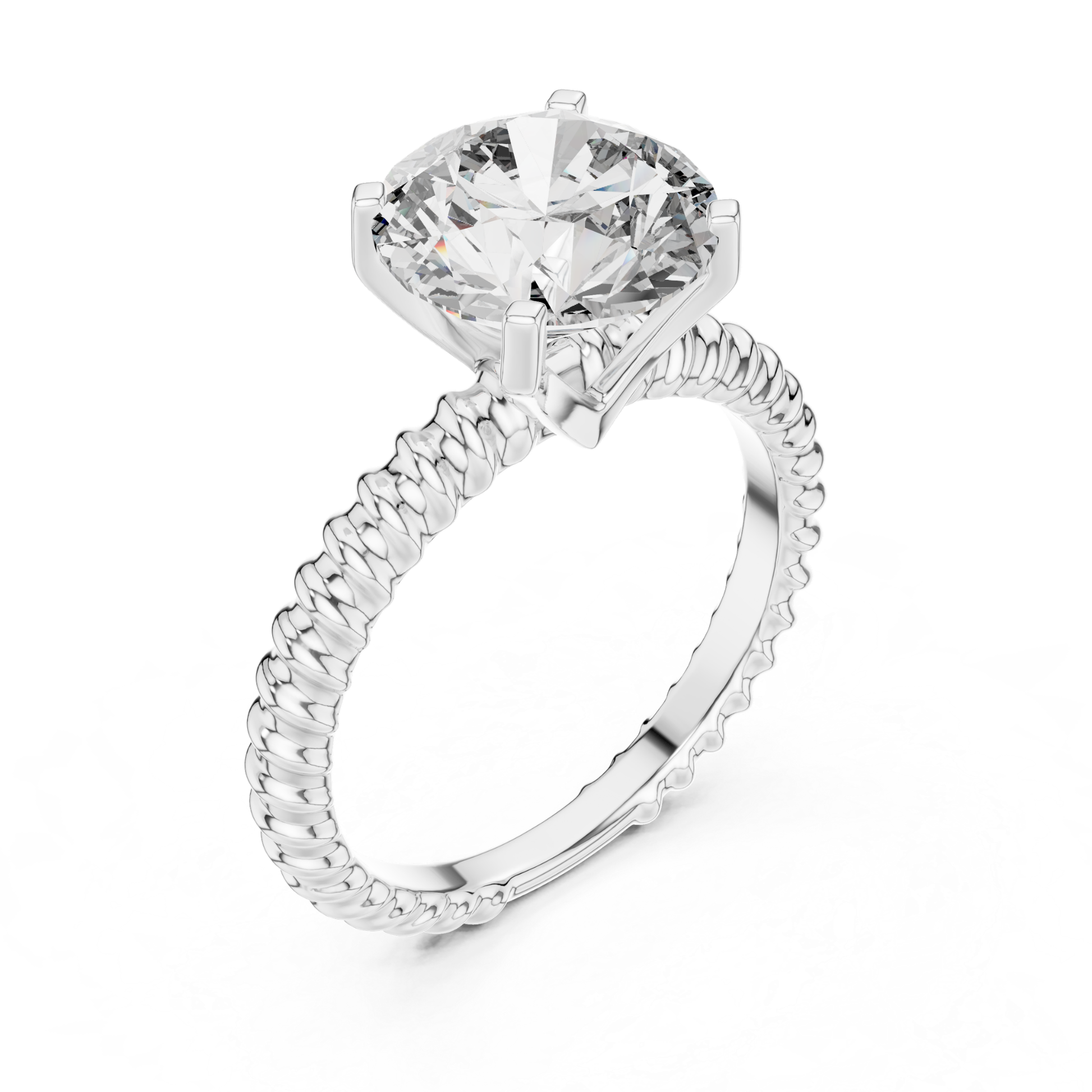 White gold round cut diamond rope band angled view
White gold solitaire ring with rope textured band
Round diamond ring with raised prong setting
Four prong white gold round diamond ring
Angled view of white gold engagement ring
Rope band round brilliant diamond ring
White gold solitaire ring with open basket
Polished white gold round diamond ring
Round diamond ring with textured white band
Classic white gold solitaire rope band ring