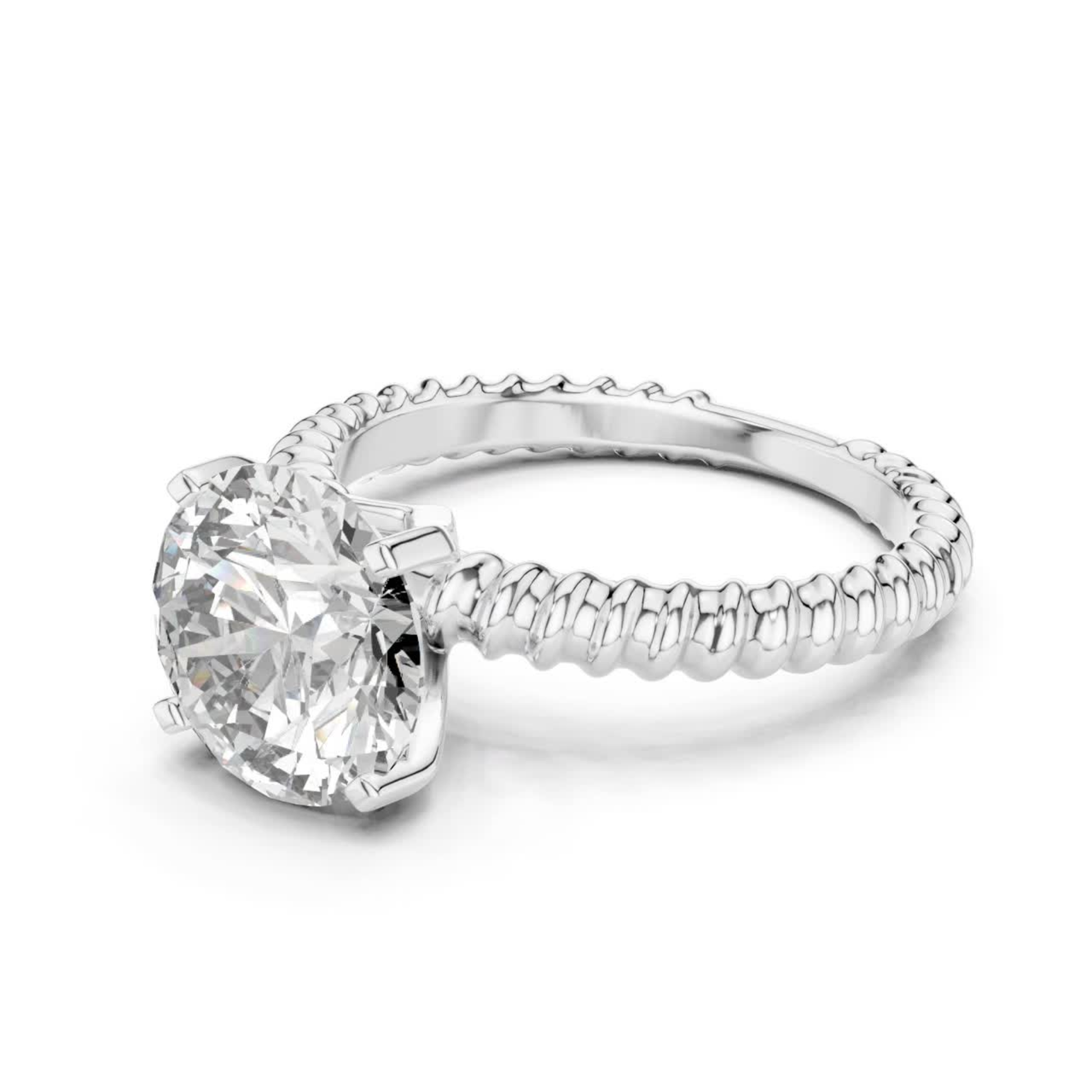 White gold round cut diamond rope band side angle
Angled view of white gold solitaire diamond ring
Round diamond ring with twisted rope band
Four prong white gold round diamond ring
White gold solitaire ring with textured band
Round brilliant diamond rope shank ring
White gold engagement ring side angle
Polished white gold round diamond ring
Rope band white gold solitaire ring profile
White gold round diamond prong setting ring