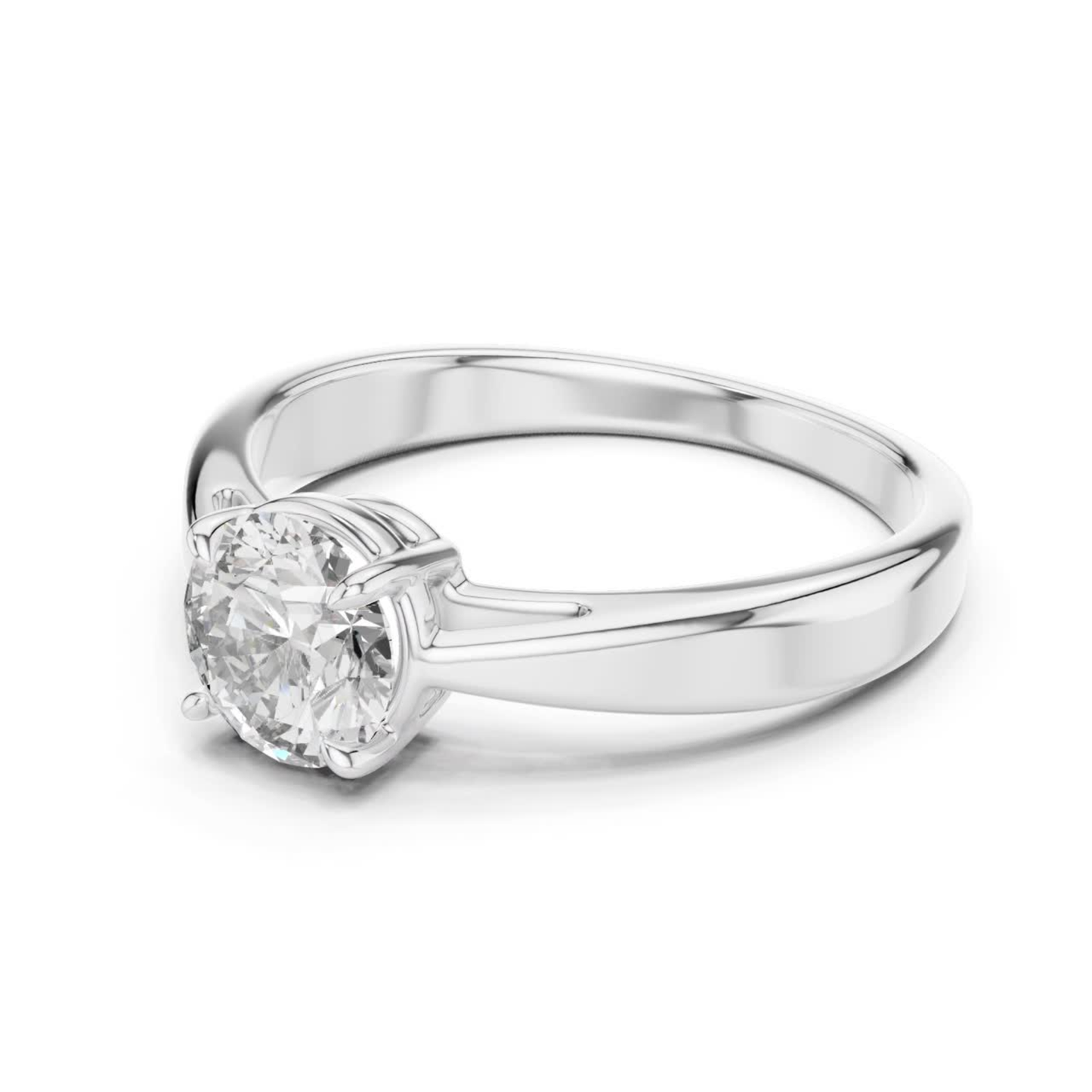 White gold round cut diamond ring angle view
White gold tapered band solitaire diamond ring
Angled white gold round diamond engagement ring
White gold polished round diamond ring design
Round brilliant diamond ring with tapered shank
White gold four prong diamond ring angle
White gold elegant solitaire ring perspective
White gold classic round diamond ring profile
White gold minimal diamond ring side angle
White gold round diamond tapered band ring