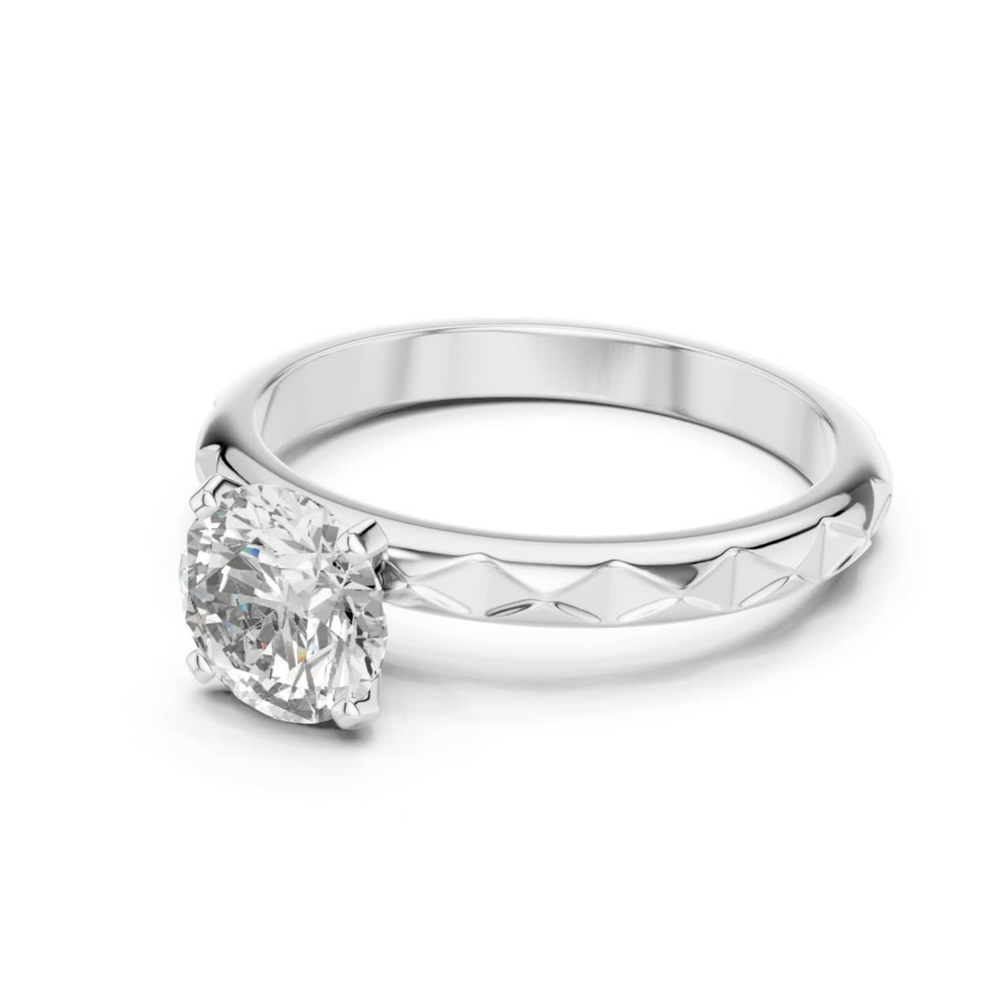 White gold round cut textured diamond ring angled view
White gold engraved band round diamond ring angled
Polished white gold textured round diamond ring
White gold four prong round diamond ring design
White gold textured band solitaire diamond ring
Classic white gold round diamond engagement ring
Elegant white gold engraved diamond band ring
Minimal white gold textured diamond ring design
Fine white gold round solitaire diamond ring
White gold polished round textured band ring