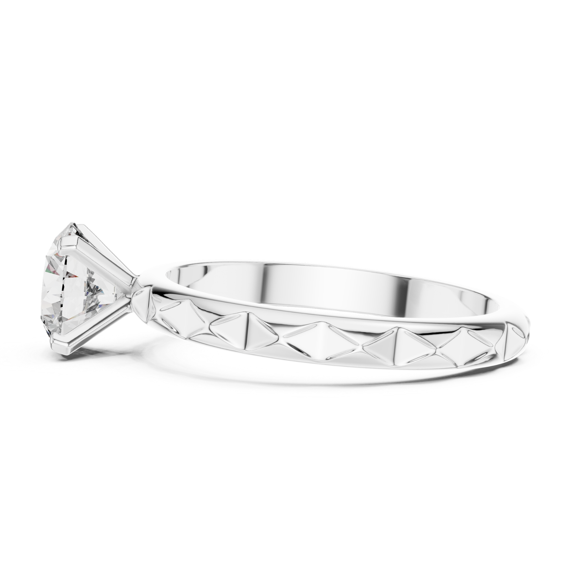 White gold round cut textured diamond ring side view
White gold engraved band round diamond ring side
Polished white gold textured round diamond ring
White gold four prong round diamond ring profile
White gold textured band solitaire diamond ring
Classic white gold round diamond engagement ring
Elegant white gold engraved diamond band ring
Minimal white gold textured diamond ring design
Fine white gold round solitaire diamond ring
White gold polished round textured band ring