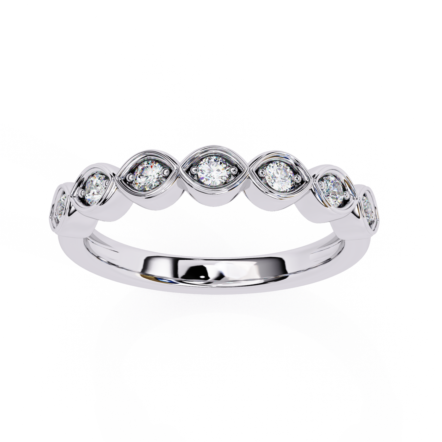 White gold band with round diamond bezels
Round diamond bezel style white gold ring
White gold ring showing round diamond settings
White gold band with circular diamond mounts
Front view white gold ring with bezel diamonds
White gold ring featuring round diamond holders
Close view round diamonds set in white gold
White gold ring with smooth bezel design
Round diamond bezel pattern white gold band
White gold ring with round diamond detailing