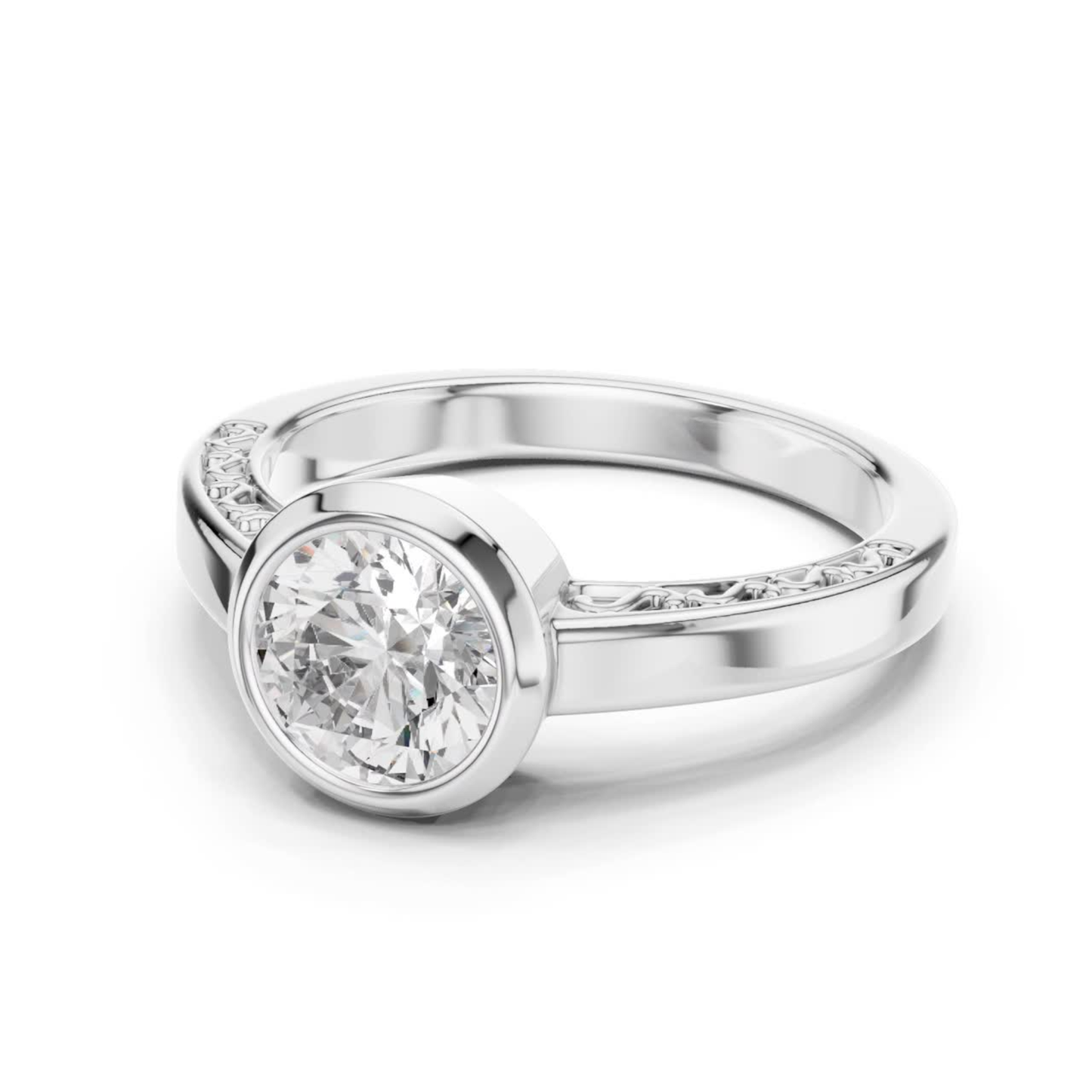 White gold round diamond bezel solitaire ring angle view
White gold round diamond bezel ring angled front view
Round diamond bezel solitaire ring in white gold
Polished white gold bezel diamond ring design view
Round brilliant bezel set diamond white gold ring
White gold round bezel solitaire diamond ring view
Angled view round diamond bezel setting white gold
White gold bezel set round diamond ring profile
Minimal round diamond bezel white gold ring angle
White gold round bezel diamond ring angled profile