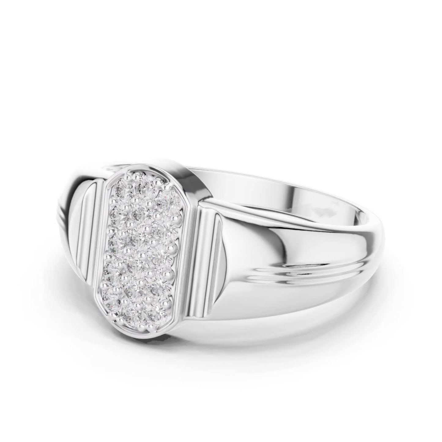 White gold cluster signet ring side view
Side profile of diamond cluster ring in white gold
White gold statement ring with tapered band side view
Polished white gold ring with bold side profile
Round cut ring with sleek white gold band
White gold ring with raised rectangular top side
Elegant side view of white gold signet ring
Modern white gold ring with curved band profile
Luxury white gold ring with polished side detail
White gold diamond ring with thick tapered shank