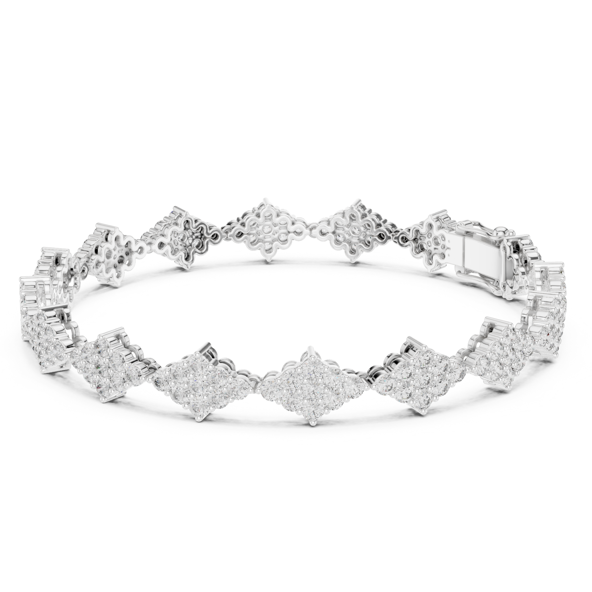White gold round diamond cluster tennis bracelet rear view
Back view of round diamond cluster bracelet
White gold bracelet showing cluster gallery design
Rear profile of round diamond tennis bracelet
White gold diamond bracelet with open gallery links
Back side of round diamond cluster bracelet
White gold bracelet with detailed link pattern
Round diamond cluster bracelet rear angle view
White gold tennis bracelet showing clasp detail
Round diamond bracelet with decorative gallery work