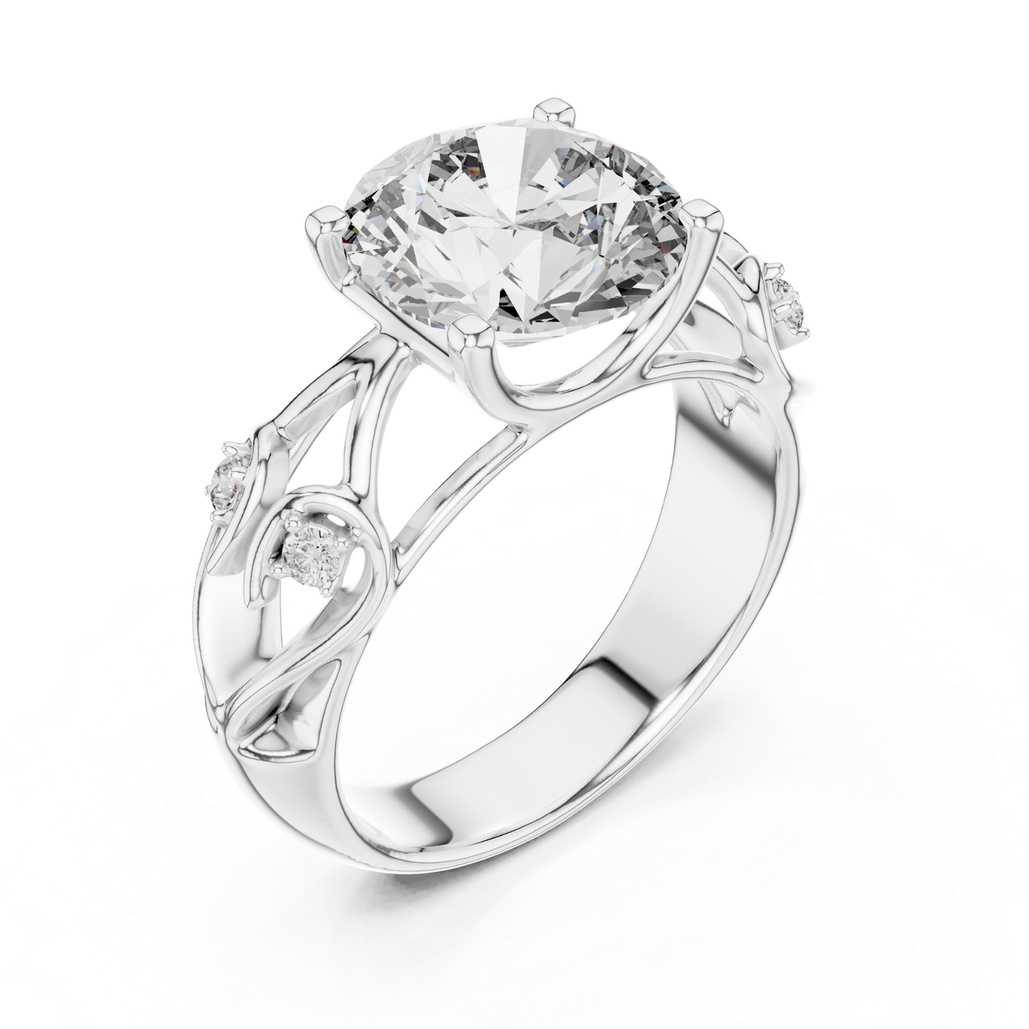 White gold round diamond floral ring angled view
Angled view of white gold round diamond ring
White gold floral engagement ring with round diamond
Round diamond ring with floral open band design
White gold nature inspired round diamond ring
Round solitaire diamond ring with floral details
White gold leaf inspired diamond ring
White gold floral ring with six prong setting
Angled white gold ring with round lab grown diamond
White gold round diamond floral statement ring