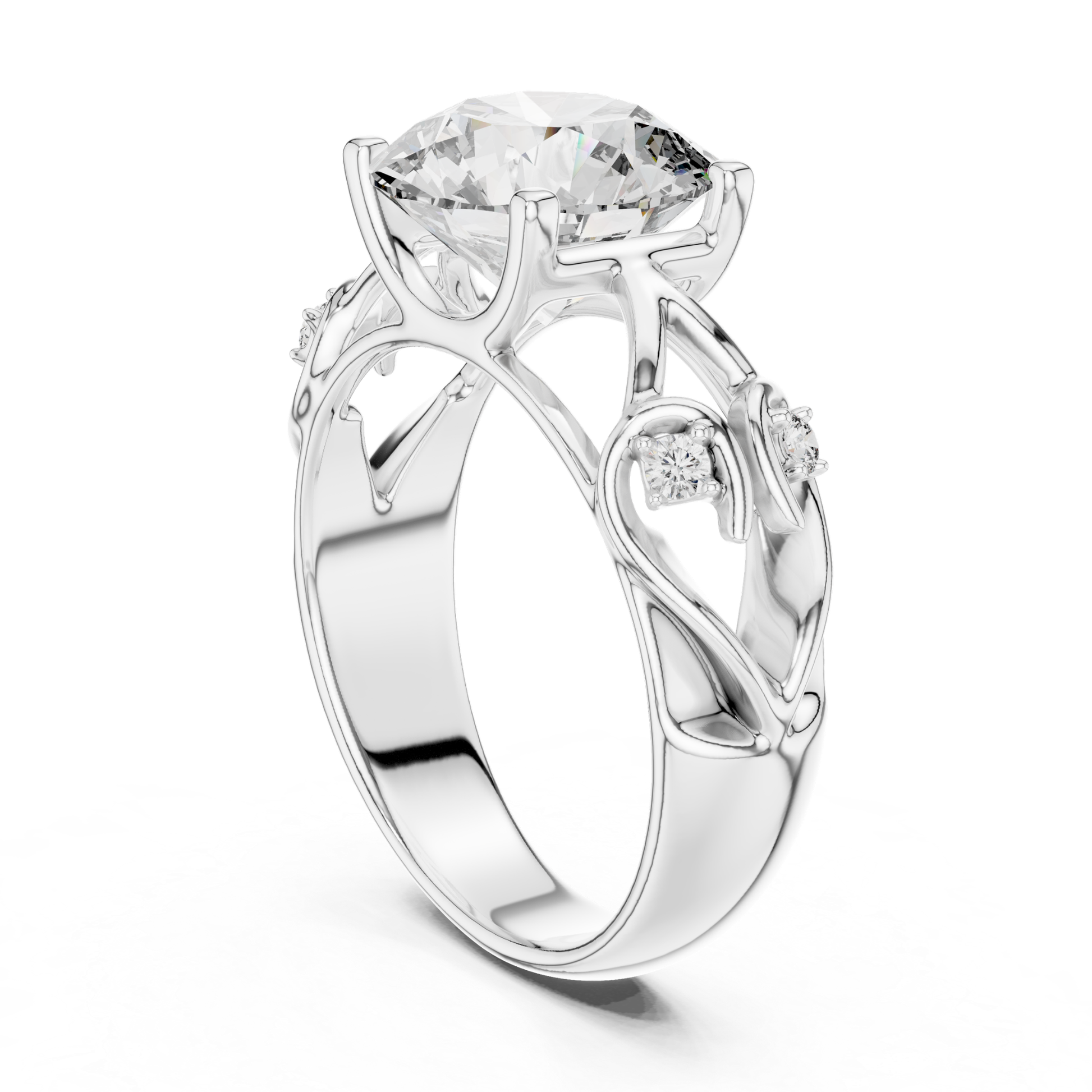 White gold round diamond floral ring rear angle
Rear angle of white gold round diamond ring
White gold floral ring with round center diamond
Round diamond ring with floral open band
White gold nature inspired diamond ring
White gold six prong round diamond ring
Floral white gold ring with leaf details
Rear view of white gold diamond engagement ring
White gold round lab grown diamond floral ring
White gold floral solitaire diamond ring