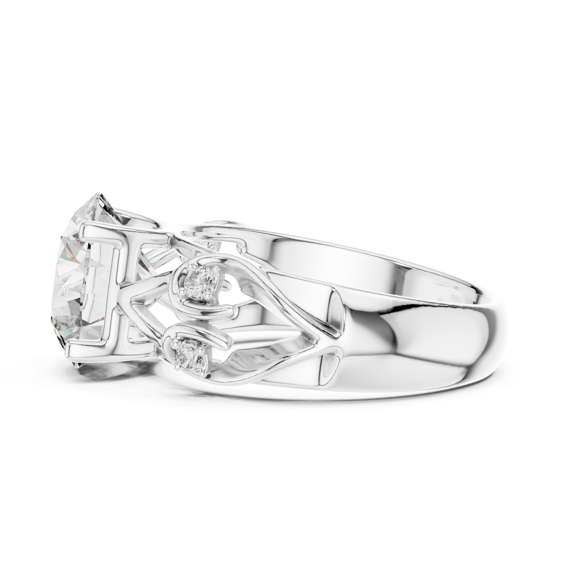 White gold round diamond floral ring side profile
Side profile of white gold round diamond ring
White gold floral ring with round center diamond
Round diamond ring with floral side accents
White gold nature inspired diamond ring side view
White gold open floral band diamond ring
Round solitaire ring with floral leaf design
White gold six prong diamond ring side view
Floral white gold ring with round lab grown diamond
White gold round diamond engagement ring profile