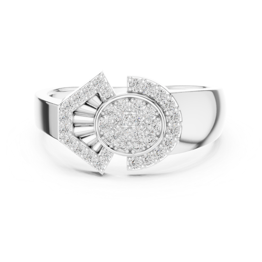 White gold geometric diamond halo ring front view
Round diamond geometric halo ring in white gold
White gold statement ring with round diamond center
White gold designer ring with geometric diamond pattern
Round cut diamond ring with polished white gold band
White gold fashion ring with geometric halo top
Elegant white gold ring with round diamond detail
Modern white gold geometric ring with bold finish
Luxury white gold diamond ring with halo design
White gold multi diamond ring with geometric setting