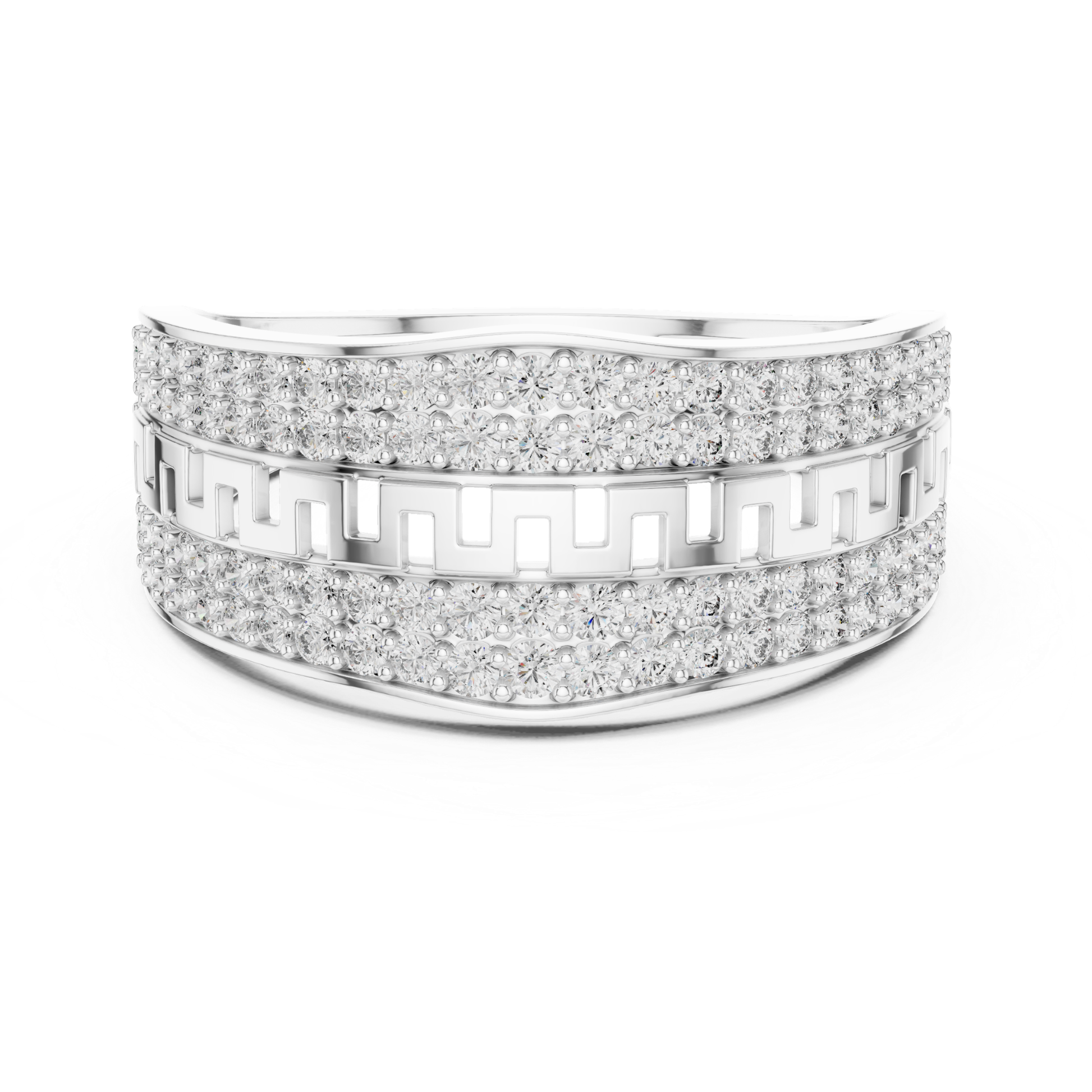 White gold round diamond Greek pattern band ring
Modern white gold pave diamond wide band ring
White gold geometric pattern diamond ring
Round diamond white gold statement band ring
White gold textured diamond fashion ring
Contemporary white gold wide diamond band
White gold layered pave diamond ring design
Elegant white gold geometric diamond band
White gold round diamond luxury band ring
White gold patterned wide diamond ring