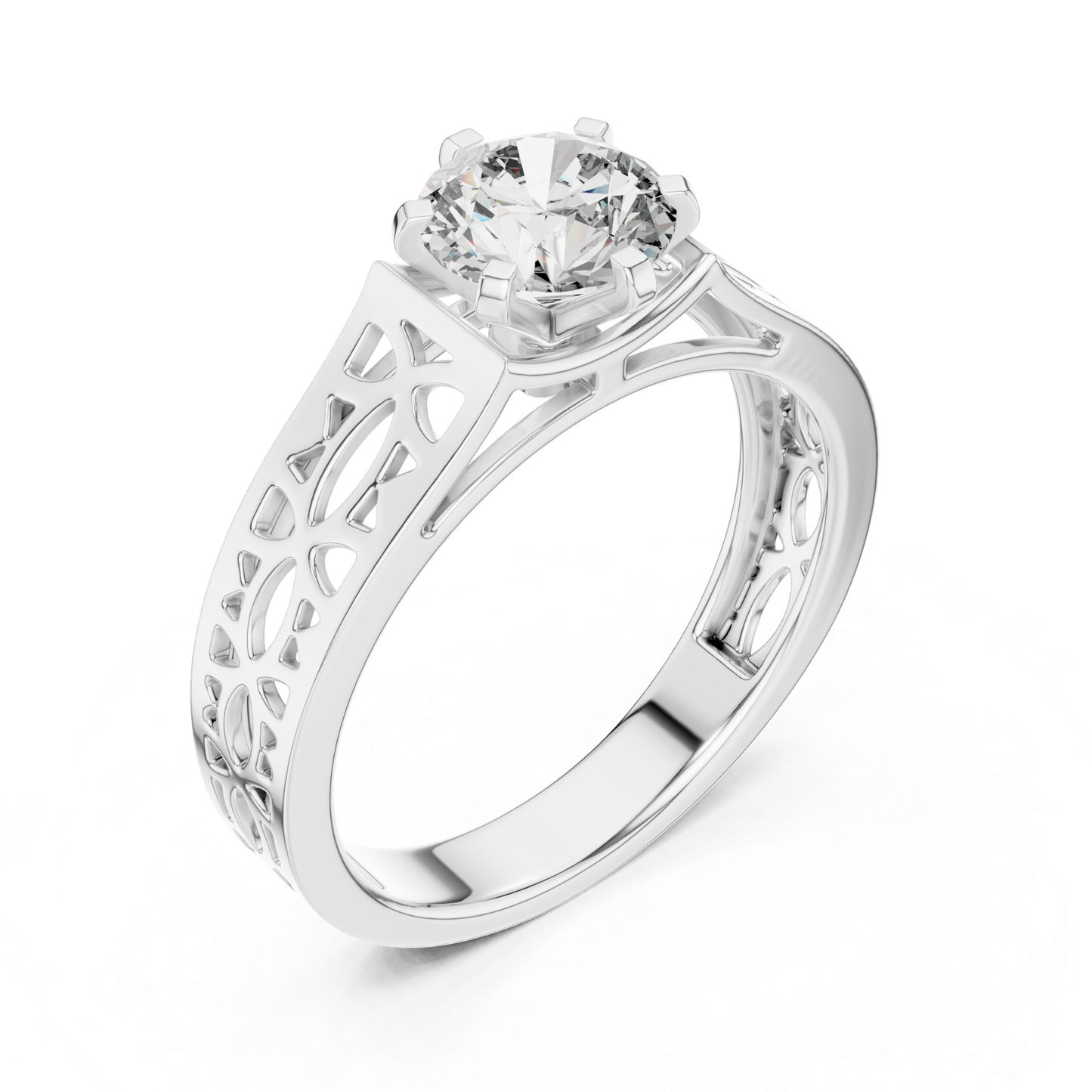 White gold round diamond openwork band angled view
Angled white gold solitaire diamond band ring design
White gold openwork round diamond ring side angle
White gold carved band with round diamond design
Round diamond white gold polished open band ring
Six prong white gold round diamond ring profile
White gold decorative openwork solitaire band ring
Wide white gold round diamond ring angled design
White gold handcrafted cutout diamond band ring
Modern white gold openwork round diamond band